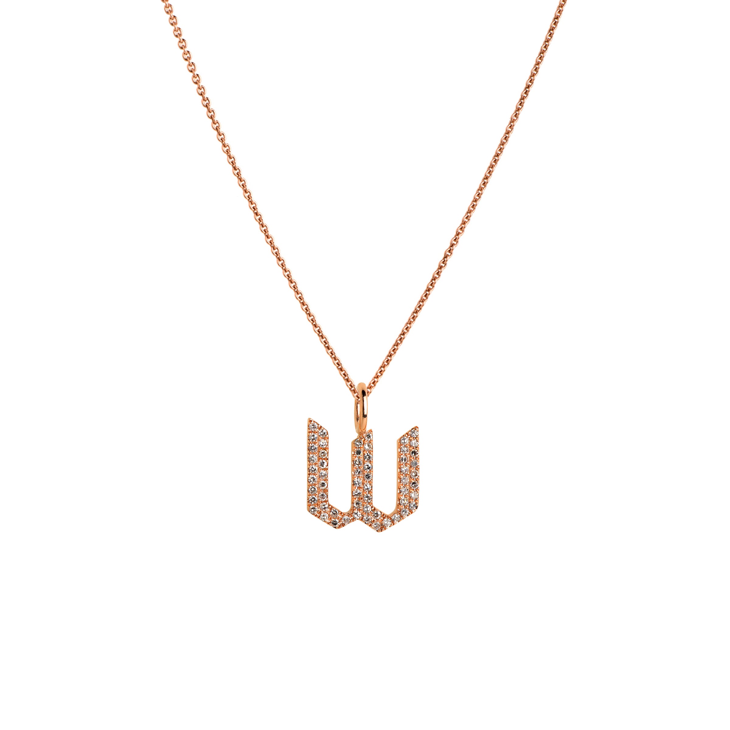 Rose Gold "w" Small White Diamond Alphabet Necklace: A 14K gold diamond alphabet pendant with the letter 'w' with a chain