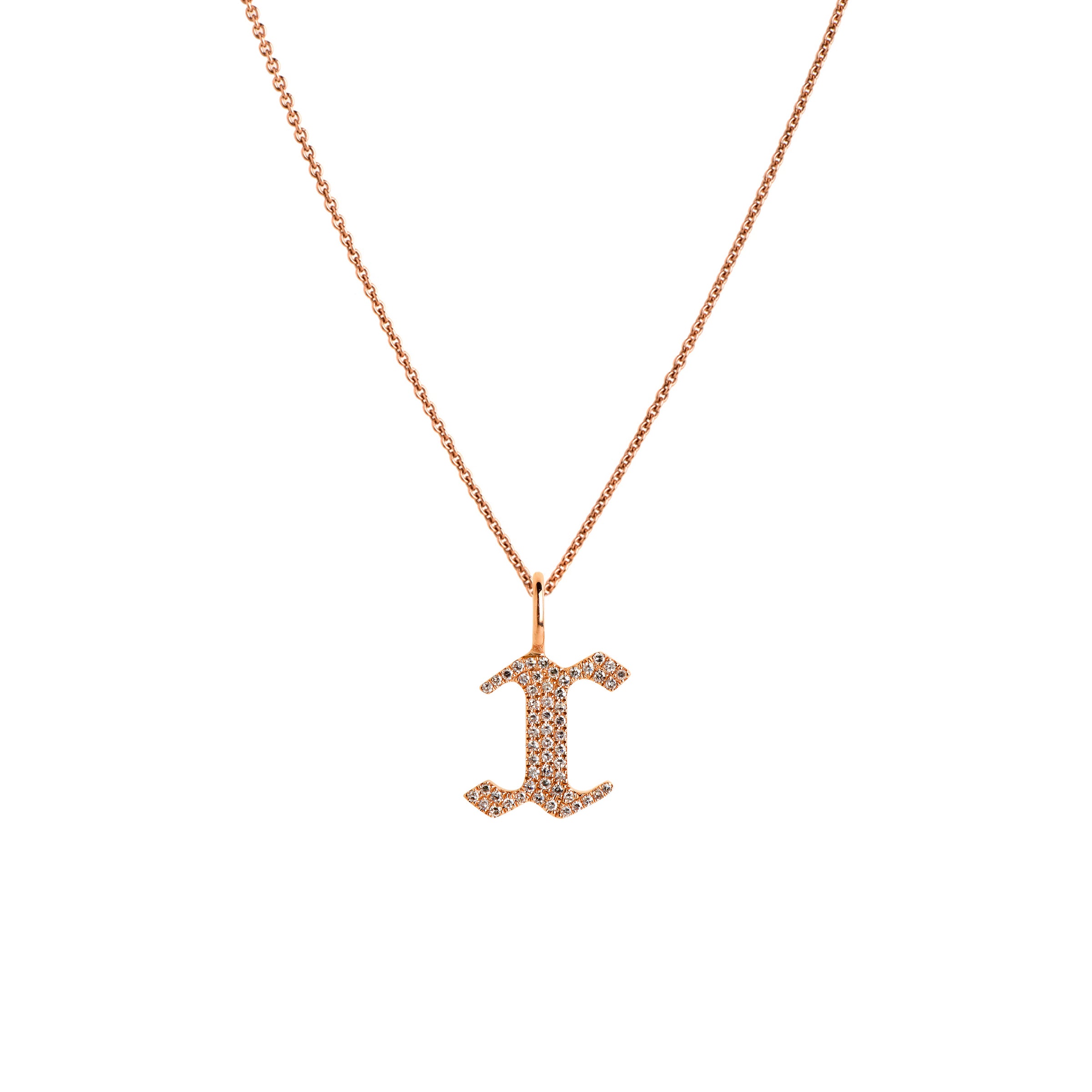 Rose Gold "x" Small White Diamond Alphabet Necklace: A 14K gold diamond alphabet pendant with the letter 'x' with a chain