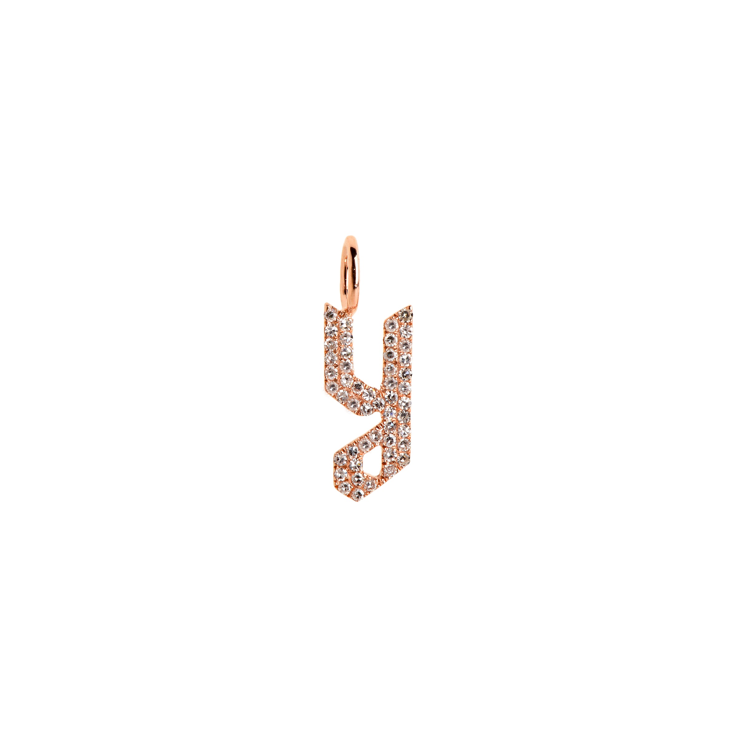 Rose Gold "y" Small White Diamond Alphabet Pendant: A 14K gold diamond alphabet pendant with the letter 'y' 