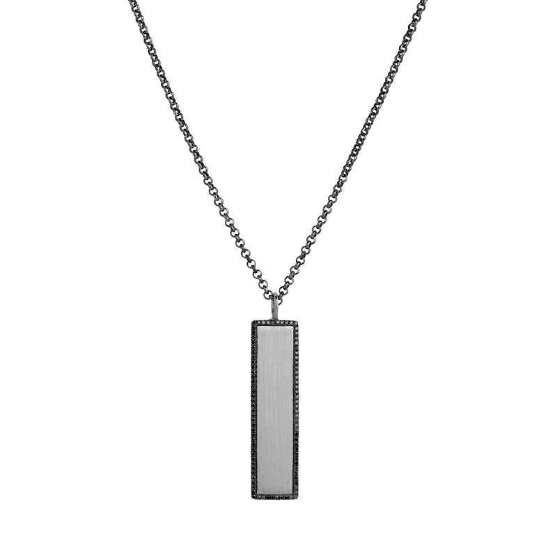 Silver Black Diamond Dog Tag Necklace: a silver dog tag with surrounding black diamonds on a chain