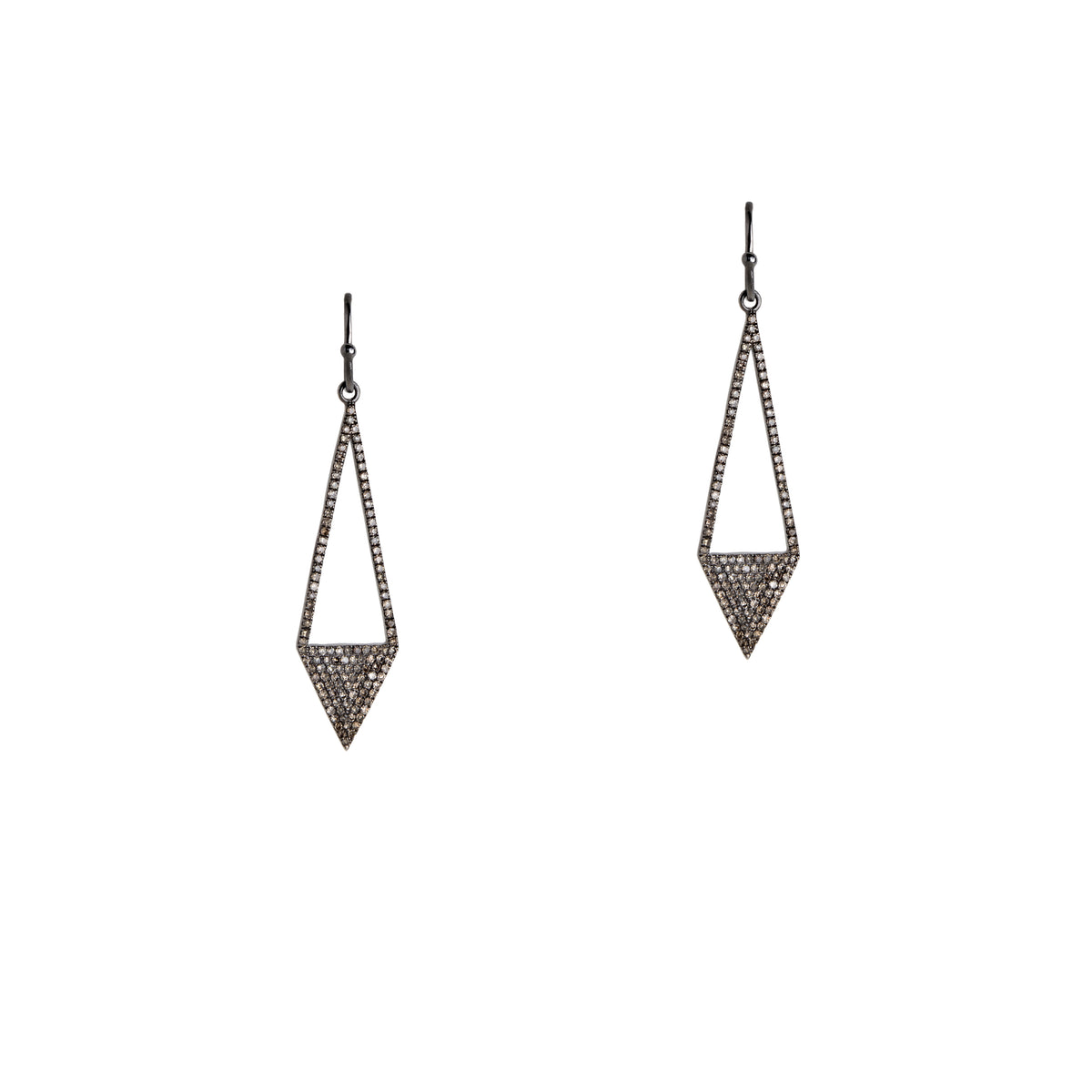 Silver Diamond Arrow Earrings: A pair of silver earrings with champagne diamonds
