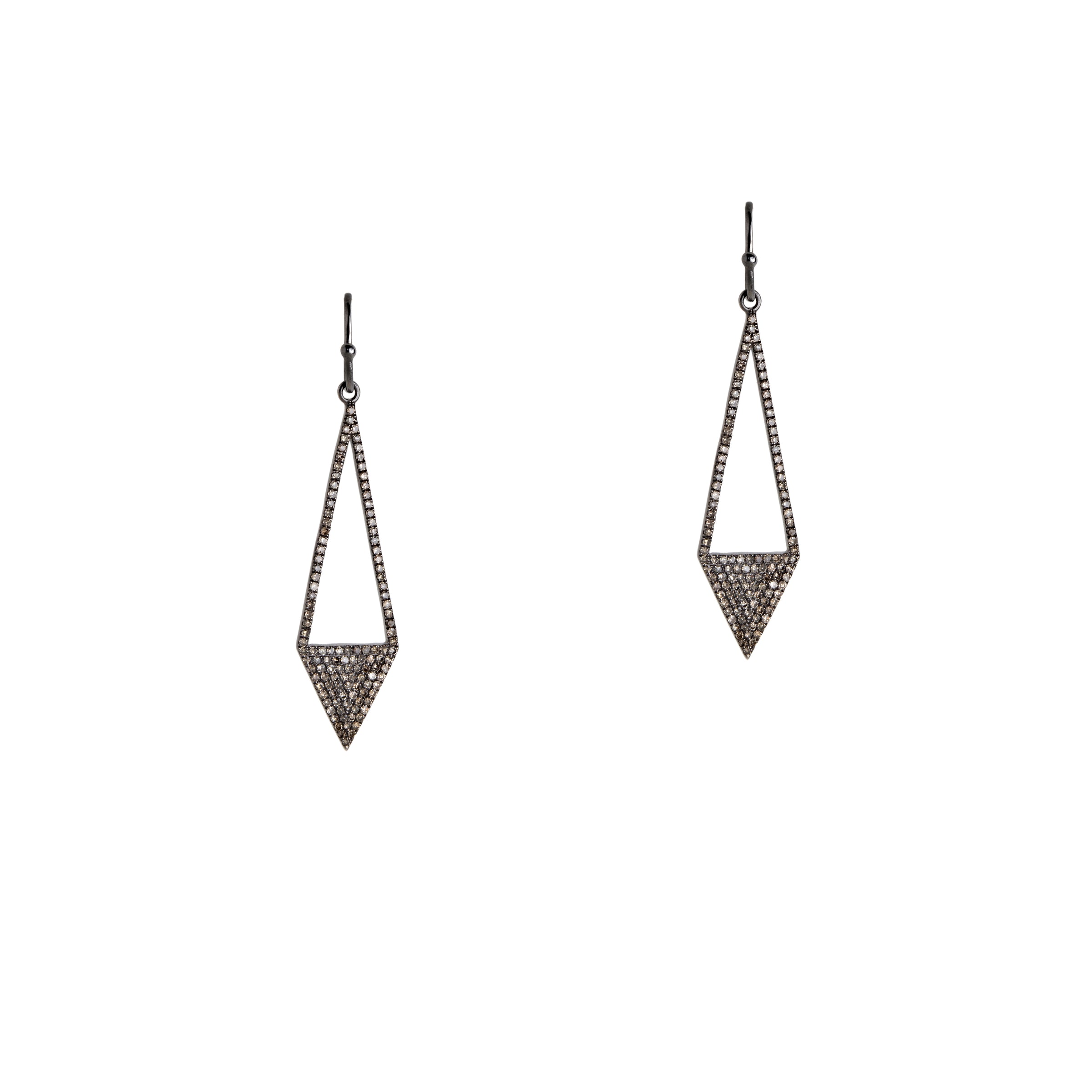Silver Diamond Arrow Earrings: A pair of silver earrings with champagne diamonds