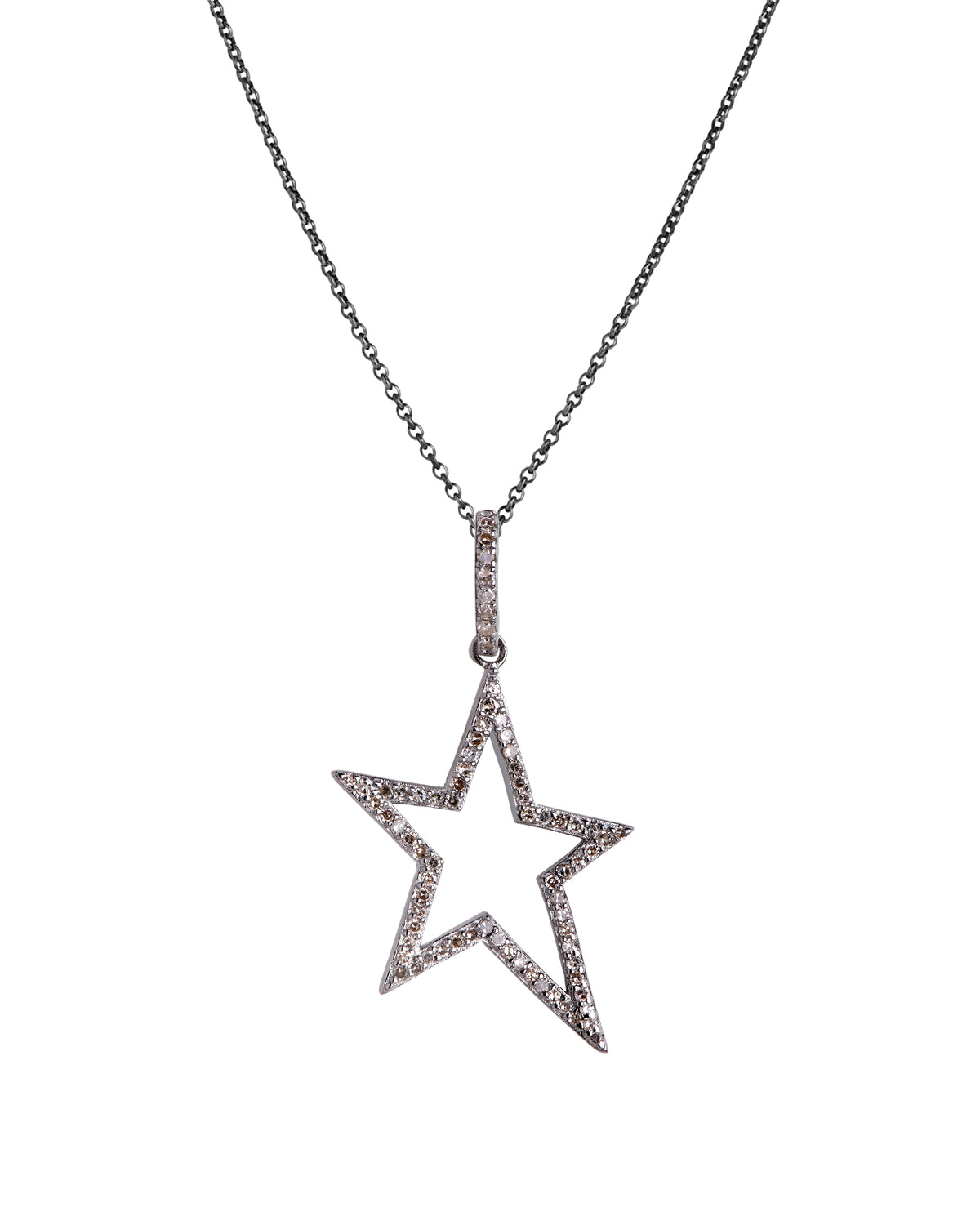 Silver Hollow Diamond Star Necklace: A silver diamond pendant in the shape of a star with a hollow center on a chain.