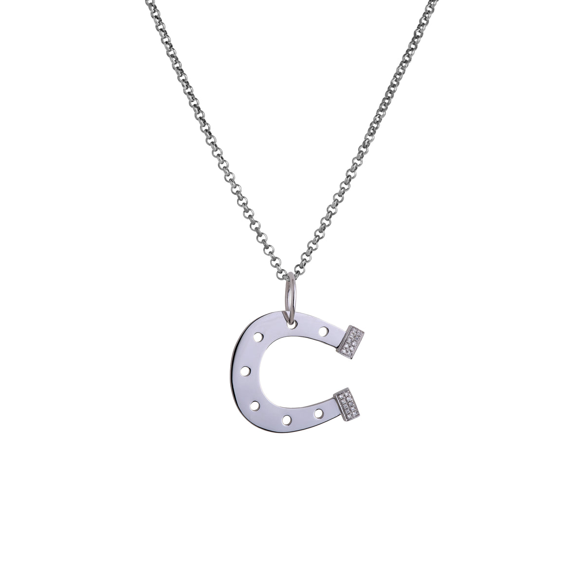 Silver Horseshoe Necklace: A sterling silver horseshoe-shaped pendant with  small diamond heels on a chain