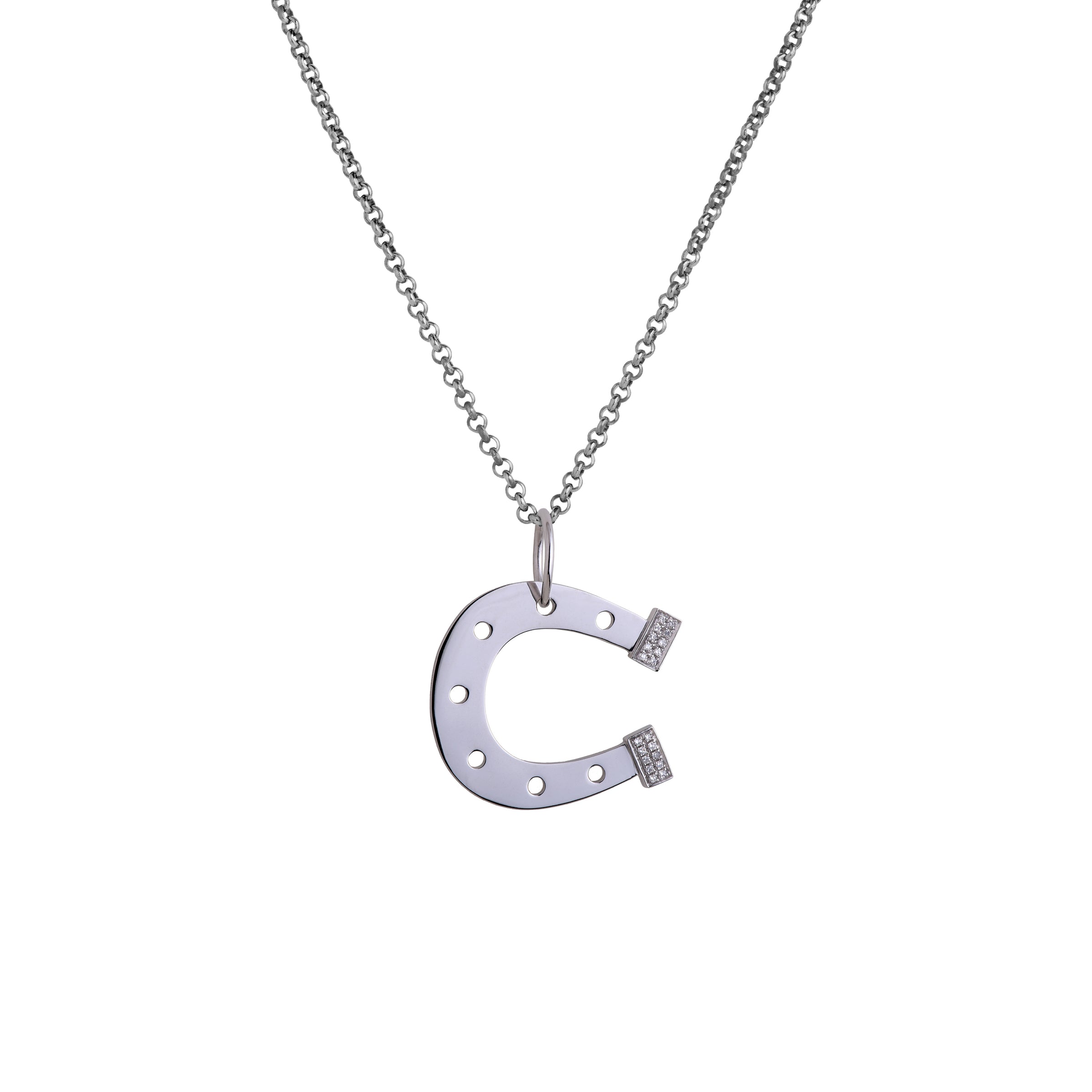 Silver Horseshoe Necklace: A sterling silver horseshoe-shaped pendant with  small diamond heels on a chain