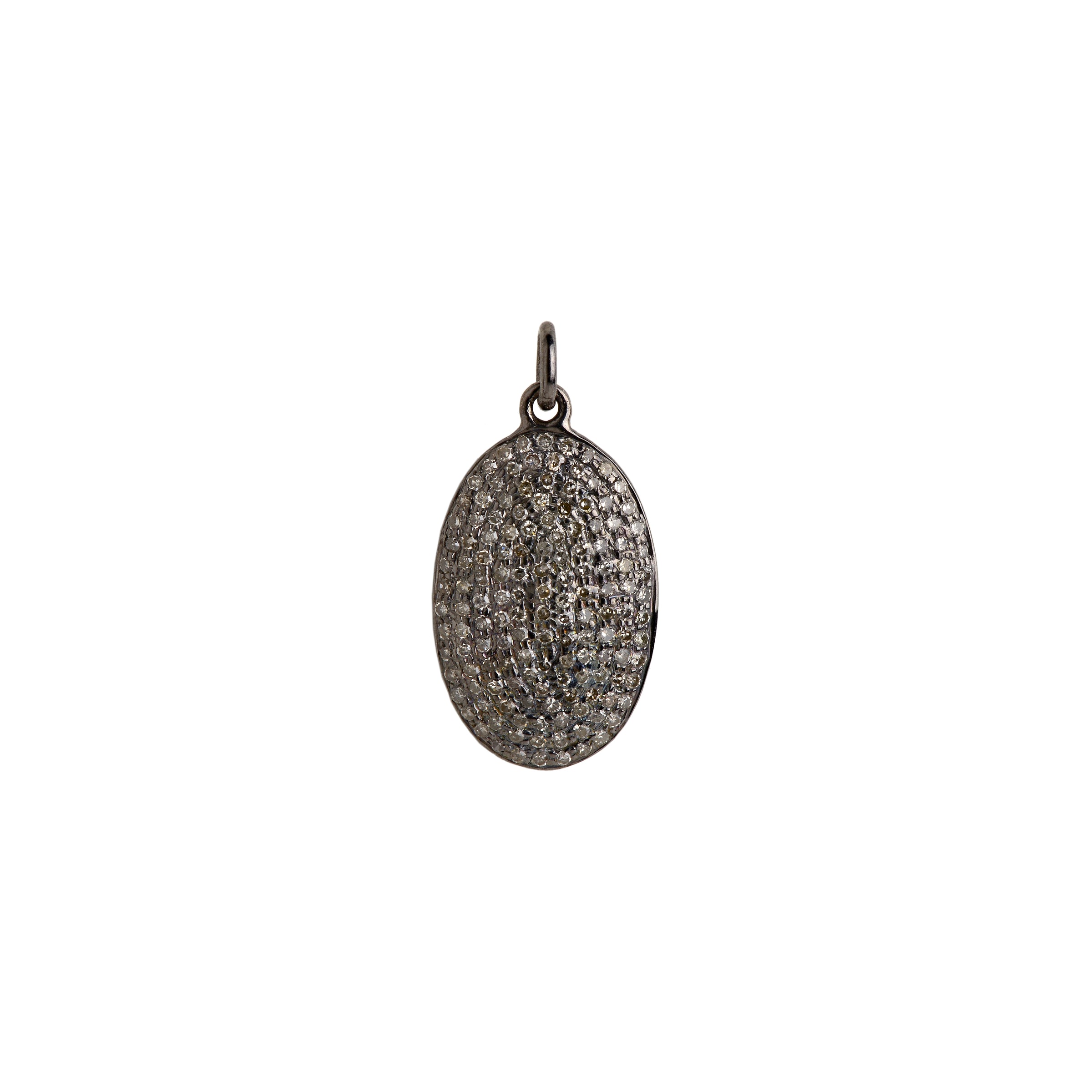 Silver Oblong Pave Diamond Pendant: An oxidized silver oblong pendant with a pave diamond design 