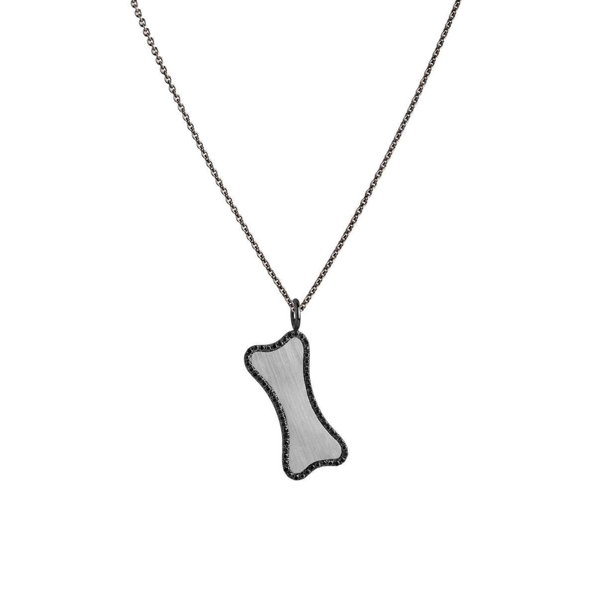 Small Black Diamond Dog Bone Necklace: A sterling silver diamond pendant in the shape of a dog bone, surrounded by black diamonds, displayed on a chain.
