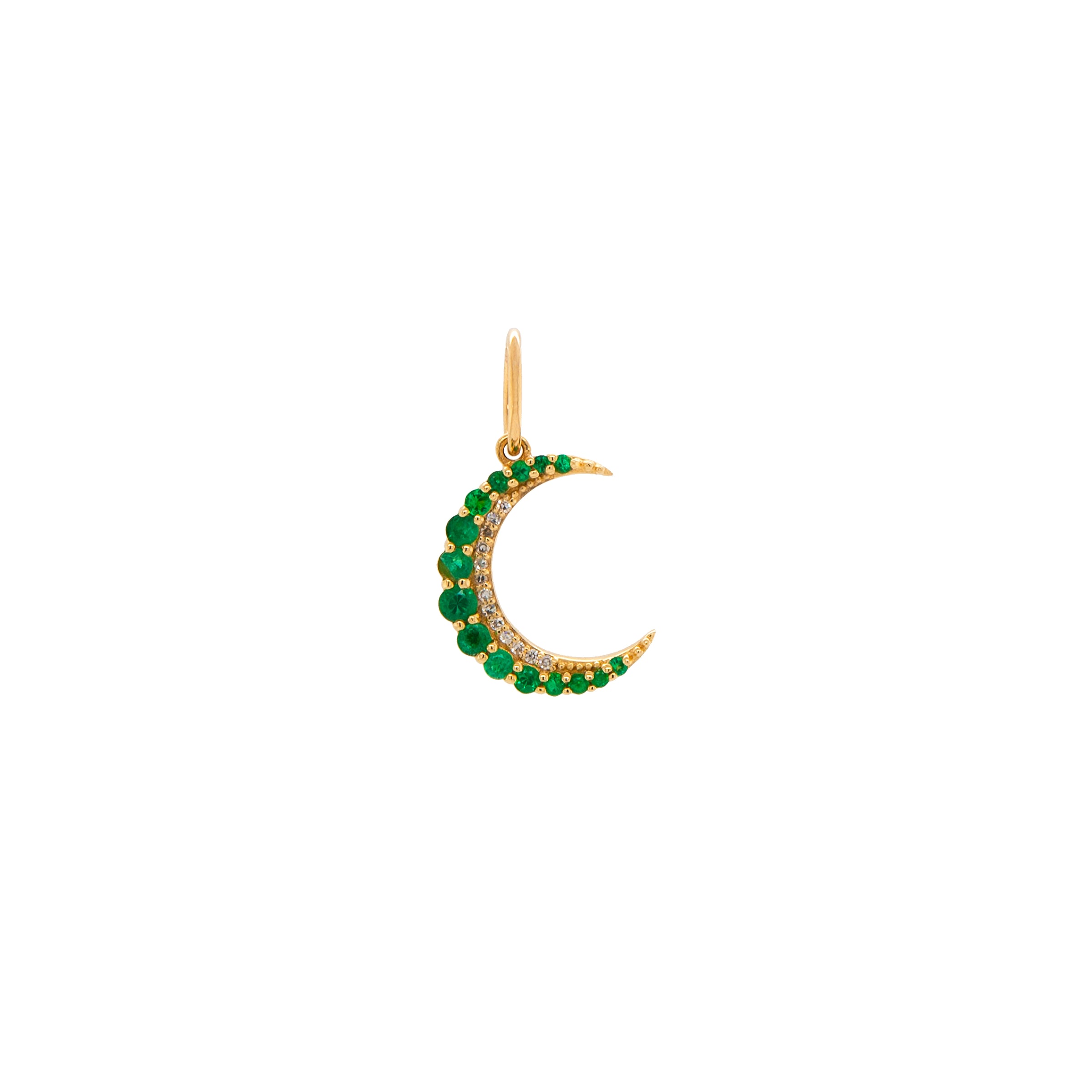 Small Emerald Crescent Pendant: A 14K gold crescent-shaped pendant with emeralds