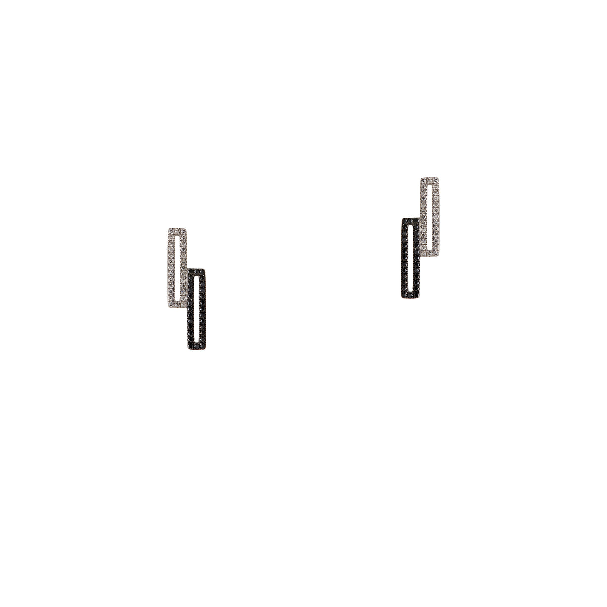 Staggered Open Bar Black & White Diamond Studs: A pair of stud earrings with a white and black gold design, featuring diamond accents.