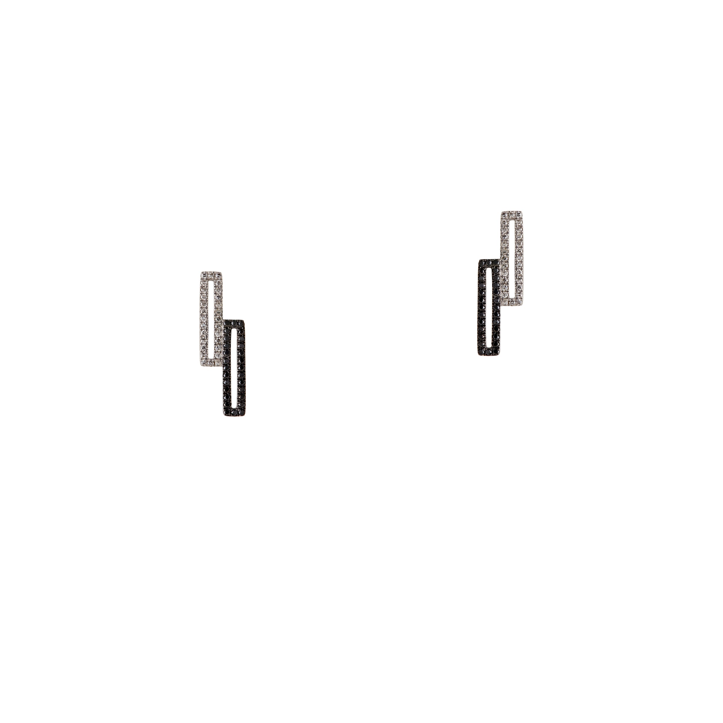 Staggered Open Bar Black & White Diamond Studs: A pair of stud earrings with a white and black gold design, featuring diamond accents.
