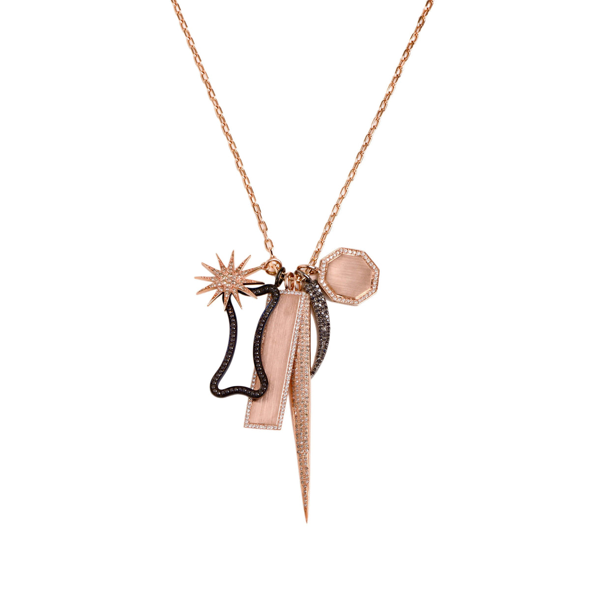 a charm necklace that includes the Starburst Diamond Pendant, the Black Diamond Hollow Dog Bone, the Black Diamond Tusk Pendant, the Octagon Diamond Pendant, and the Diamond Dog Tag