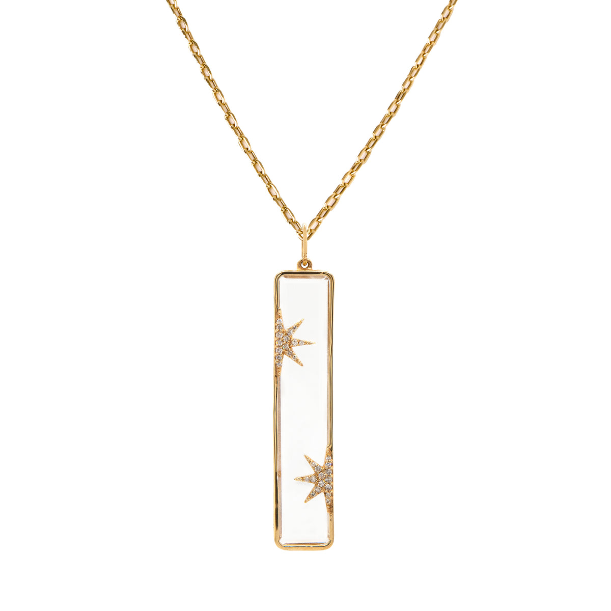 Starry Night Necklace: A 14K gold pendant necklace featuring a clear pendant and half diamond star designs on the Crystal Quartz