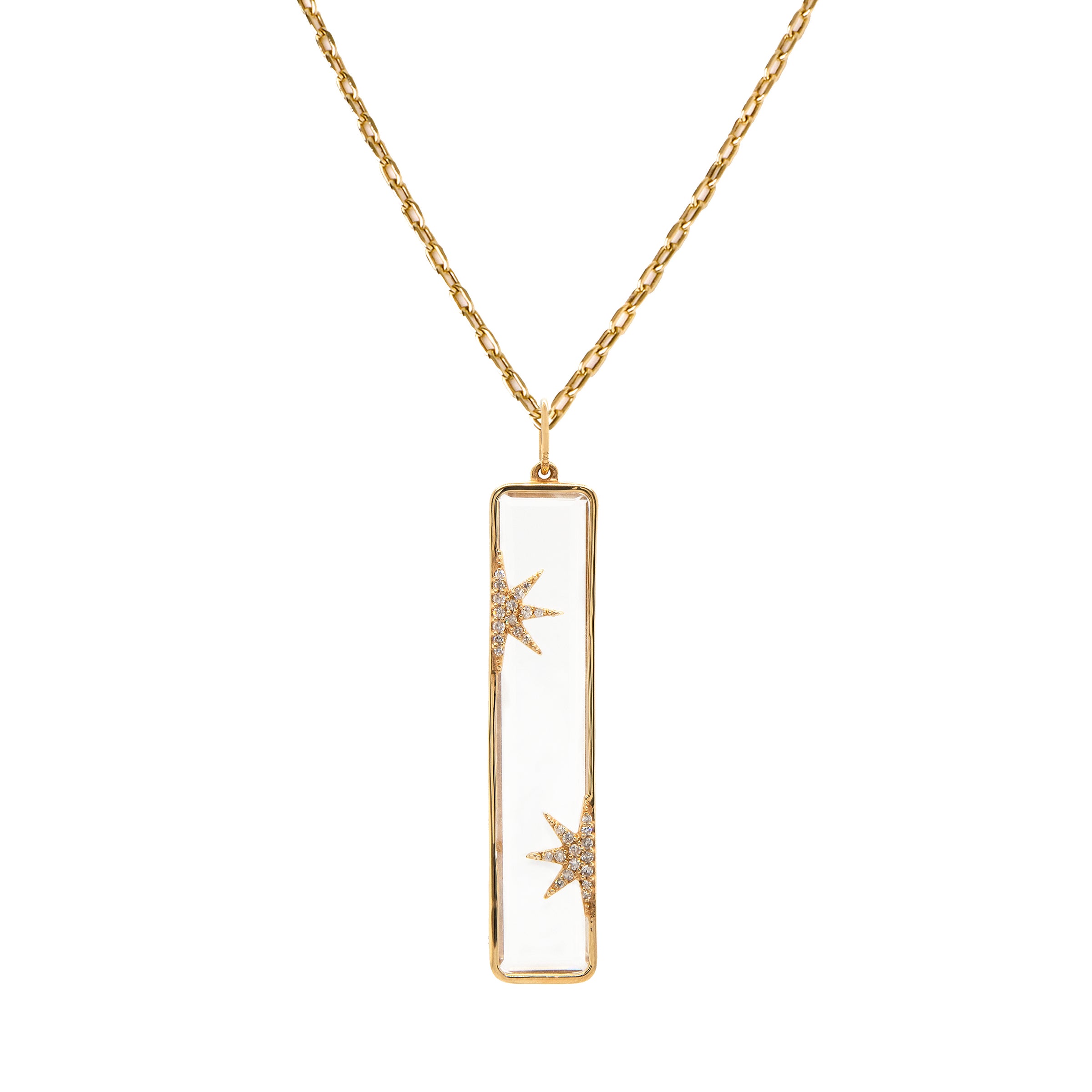Starry Night Necklace: A 14K gold pendant necklace featuring a clear pendant and half diamond star designs on the Crystal Quartz