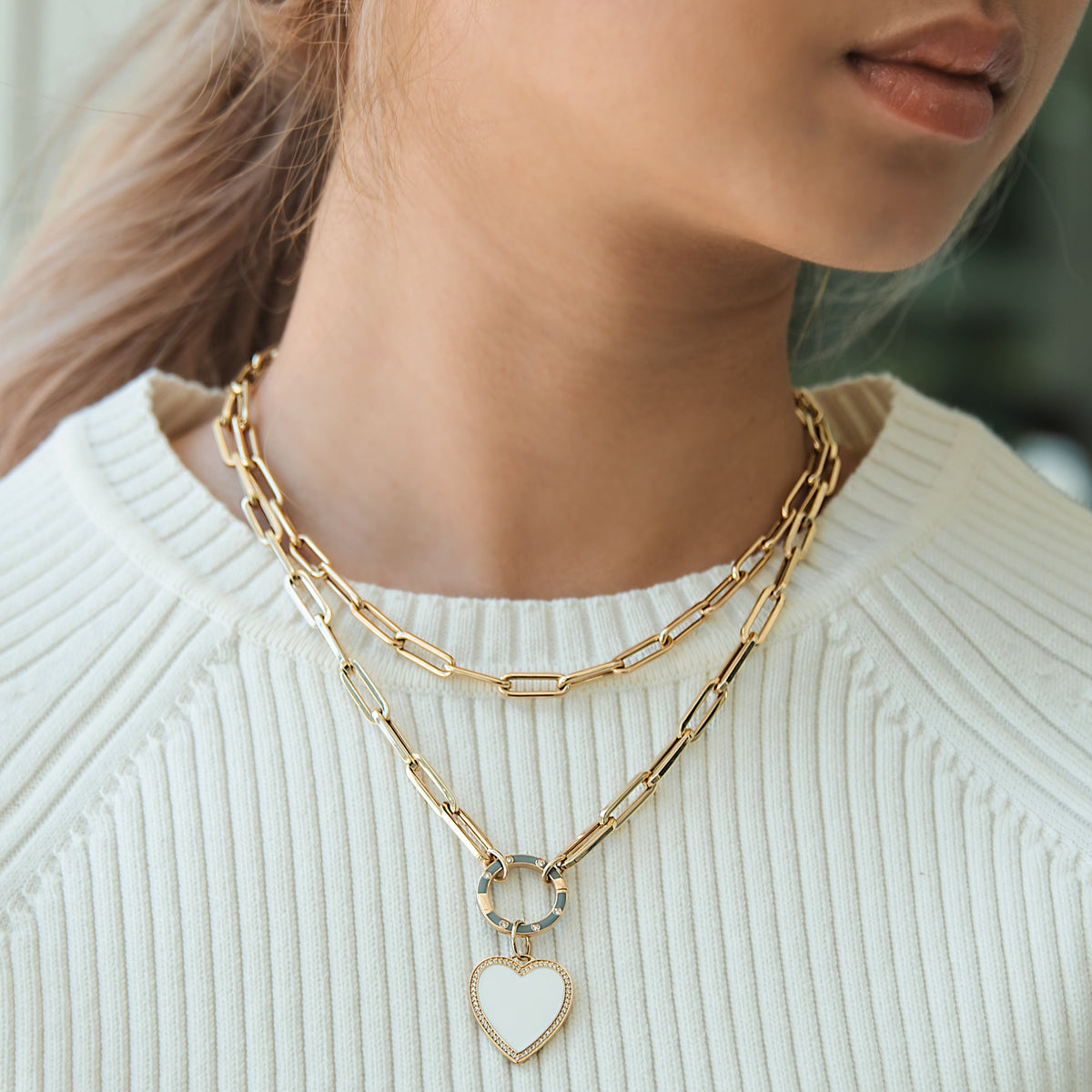 woman wearing the Timeless Choker and Enamel Heart Necklace