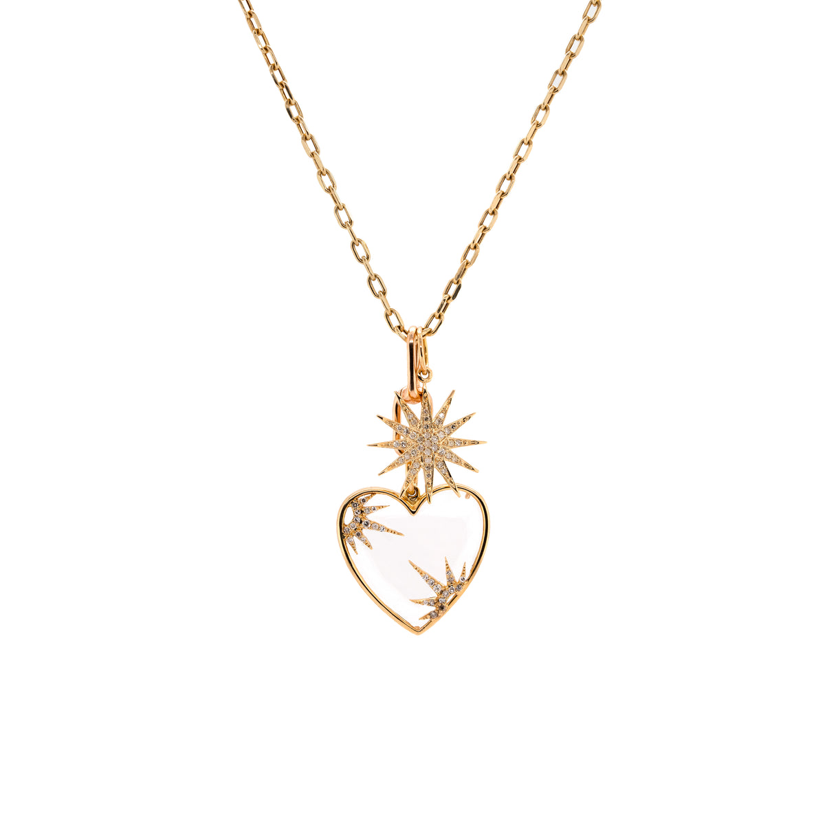 A 14K yellow gold charm necklace with the Timeless Double Link Clasp, the Loving Life Pendant, and the Starburst Diamond Pendant