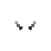 Triple Shield Studs: A pair of 14K gold stud earrings featuring a triple shield design with black, champagne, and white diamonds.