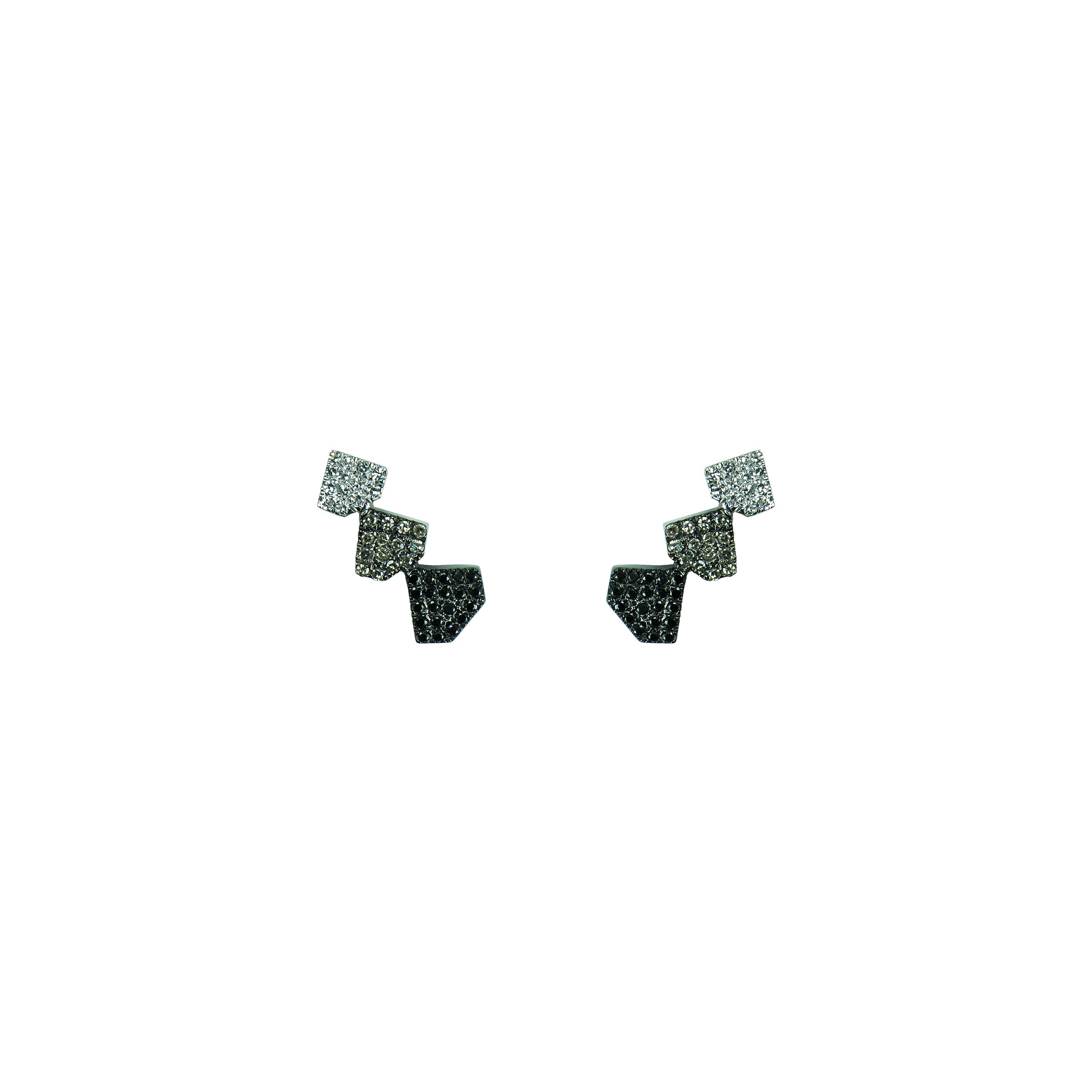Triple Shield Studs: A pair of 14K gold stud earrings featuring a triple shield design with black, champagne, and white diamonds.
