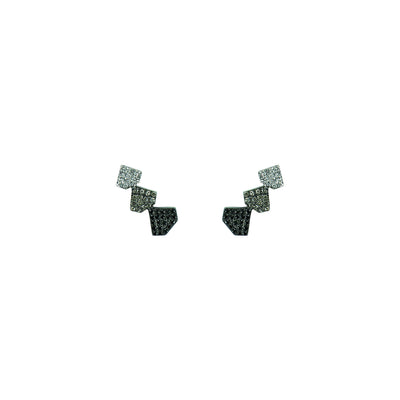 Triple Shield Studs: A pair of 14K gold stud earrings featuring a triple shield design with black, champagne, and white diamonds.