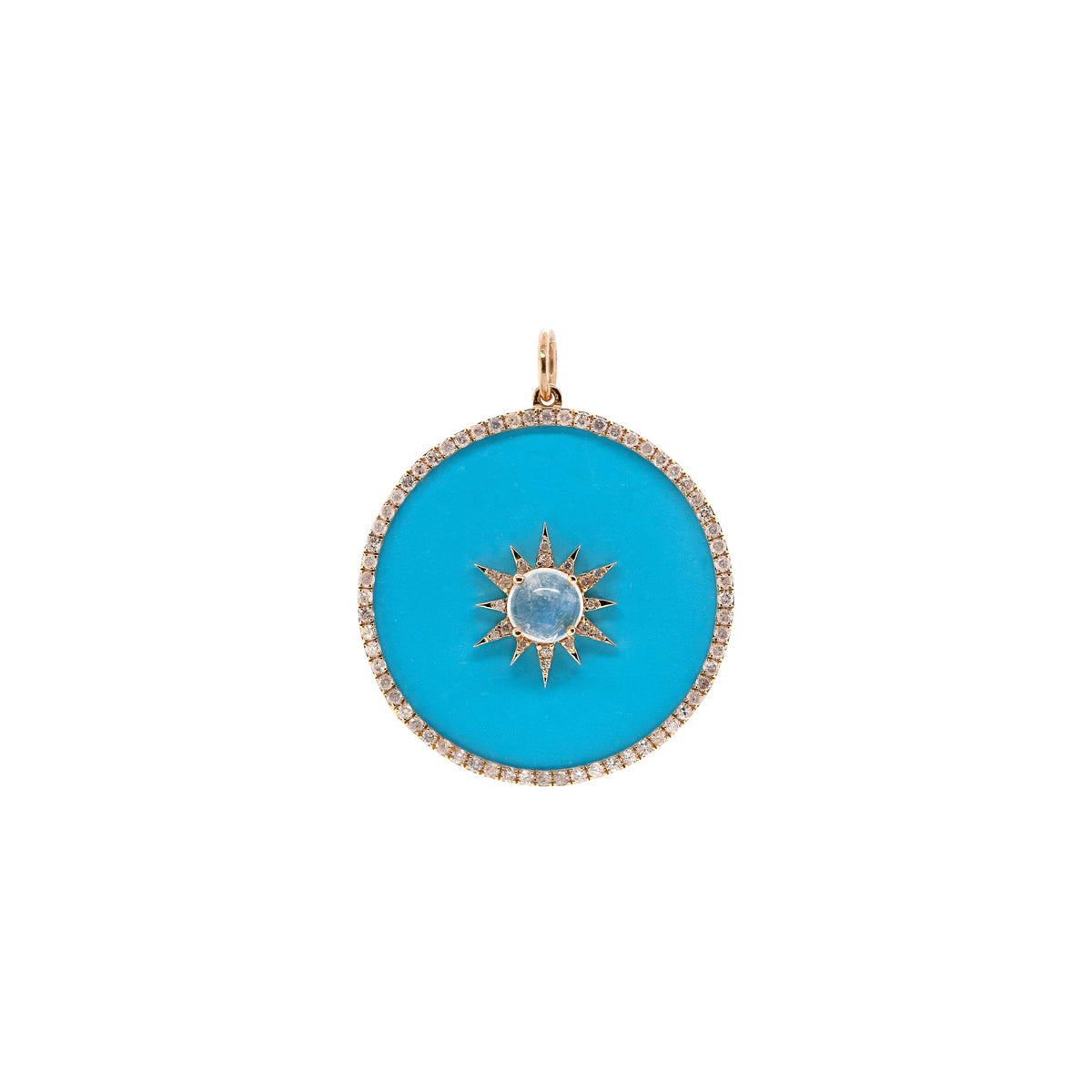 Turquoise Halo Medallion: A 14K yellow gold turquoise medallion and a sun motif in the center.