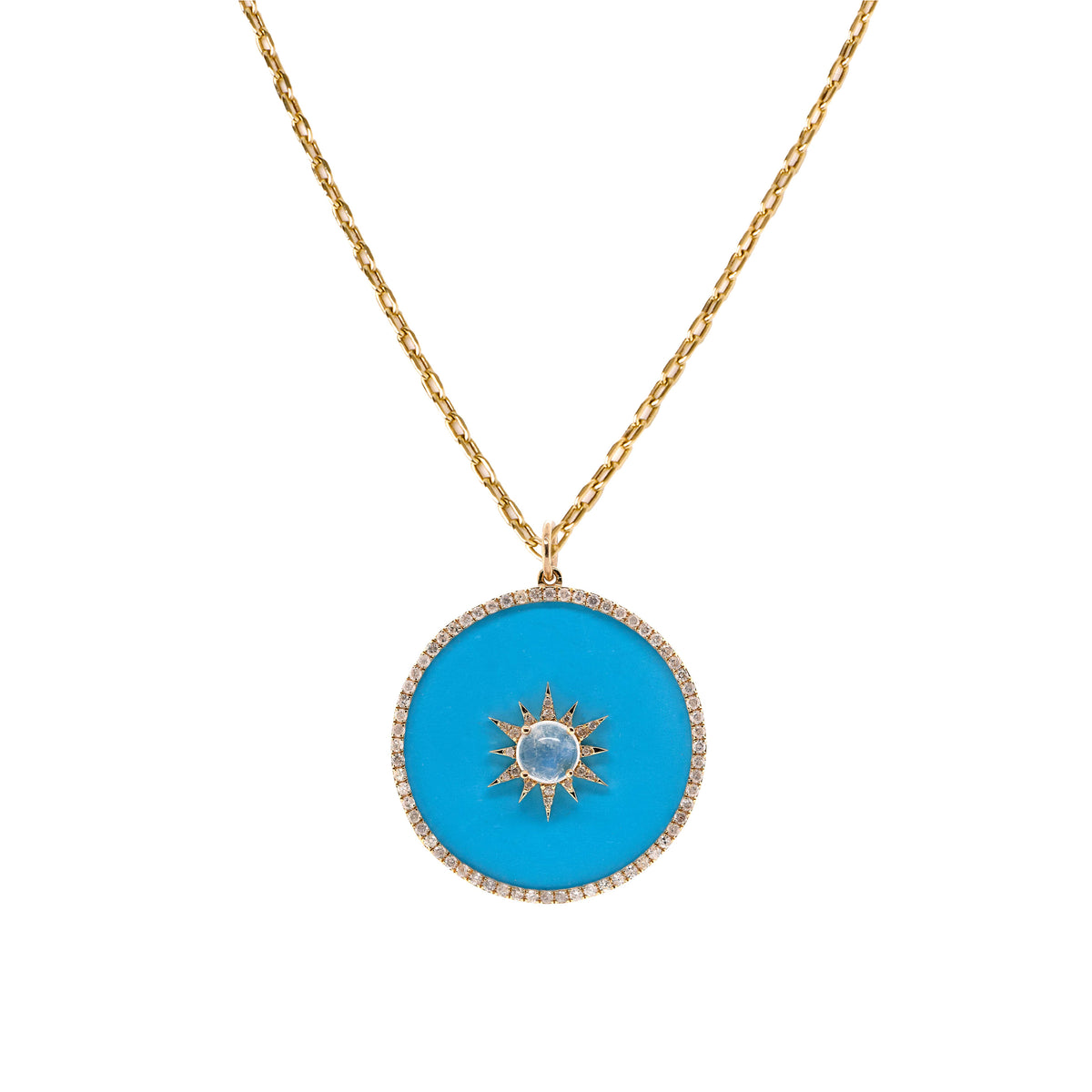 Turquoise Halo Medallion Necklace: A 14K yellow gold necklace with a turquoise medallion and a sun motif in the center.
