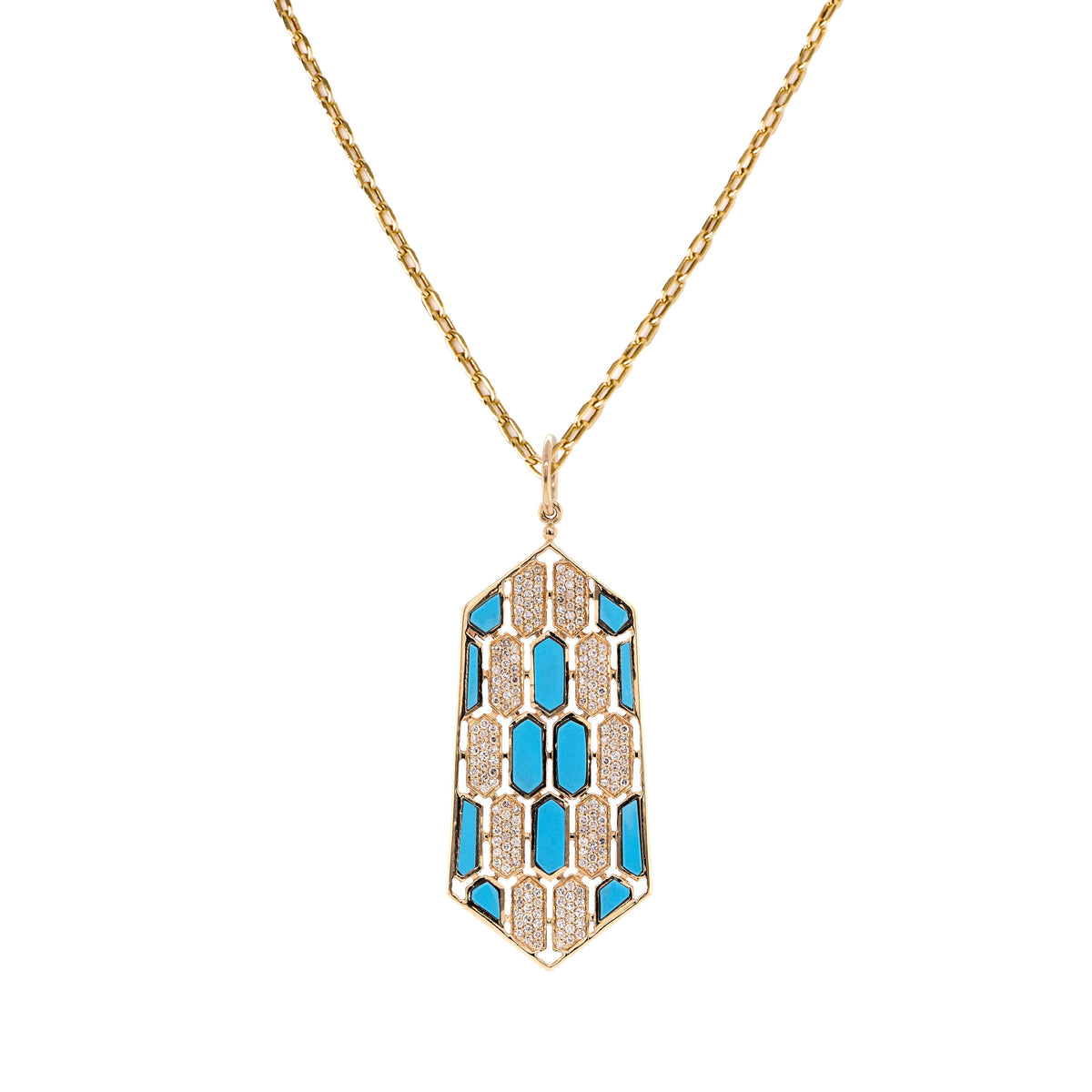 Turquoise Mosaic Necklace: 14K gold pendant with geometric patterns of  diamonds and Turquoise on a chain