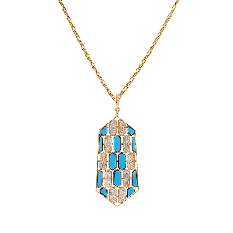 Turquoise Mosaic Necklace: 14K gold pendant with geometric patterns of  diamonds and Turquoise on a chain