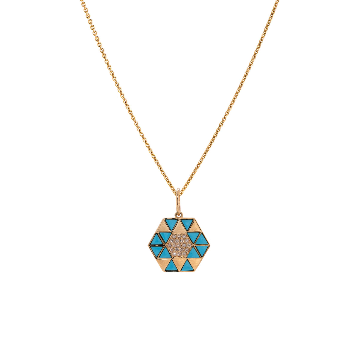 Turquoise Symmetry Necklace: A yellow gold pendant featuring a geometric pattern with Turquoise and diamond accents on a chain.