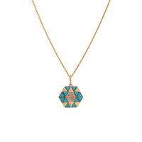 Turquoise Symmetry Necklace: A yellow gold pendant featuring a geometric pattern with Turquoise and diamond accents on a chain.