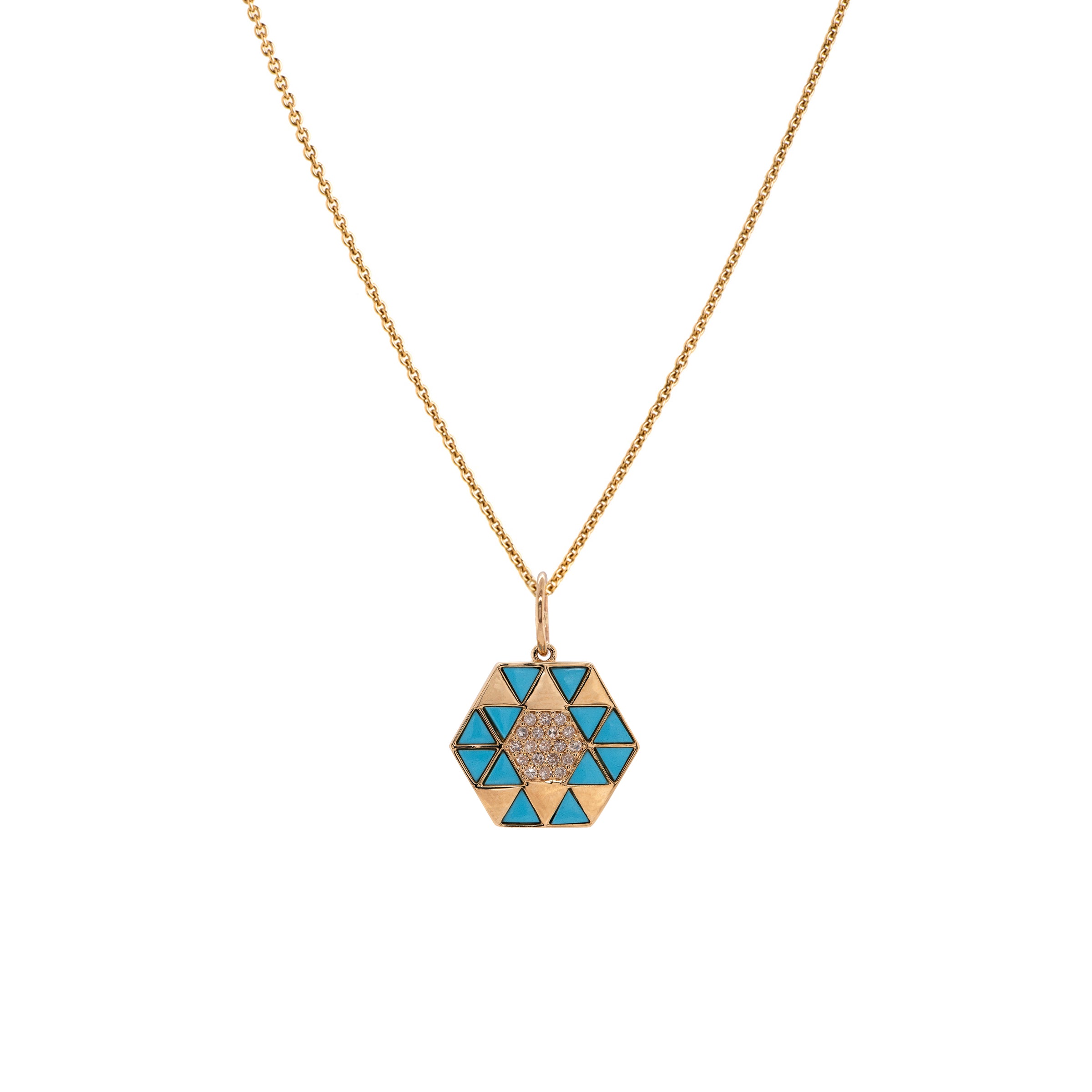 Turquoise Symmetry Necklace: A yellow gold pendant featuring a geometric pattern with Turquoise and diamond accents on a chain.
