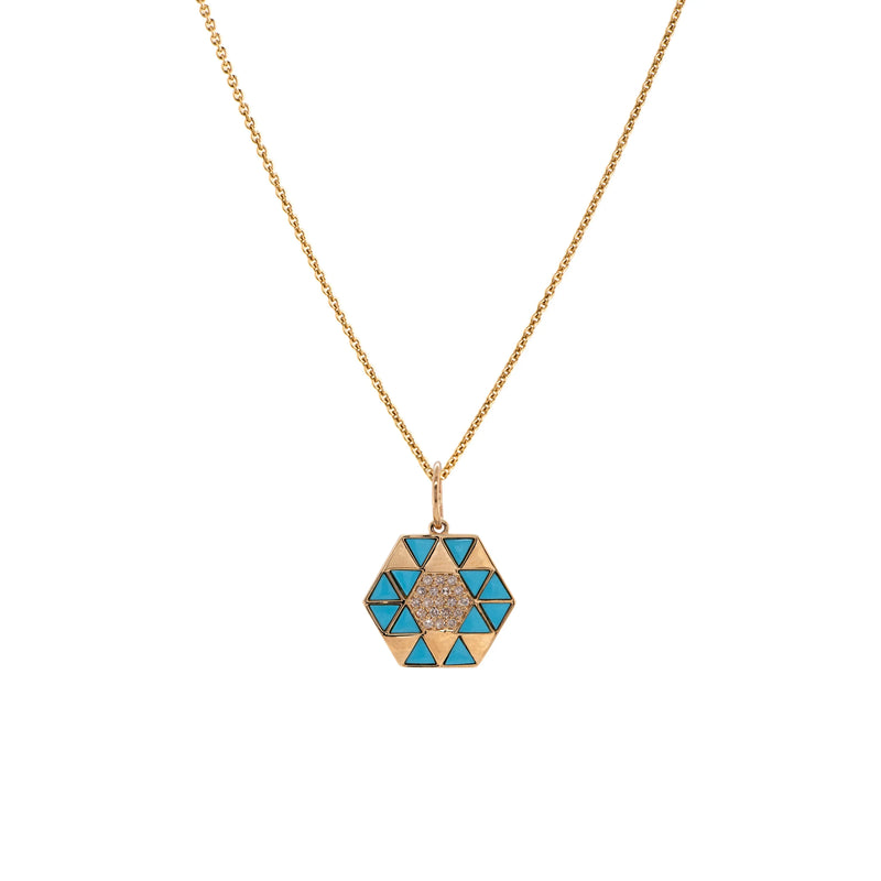 Turquoise Symmetry Necklace: A yellow gold pendant featuring a geometric pattern with Turquoise and diamond accents on a chain.