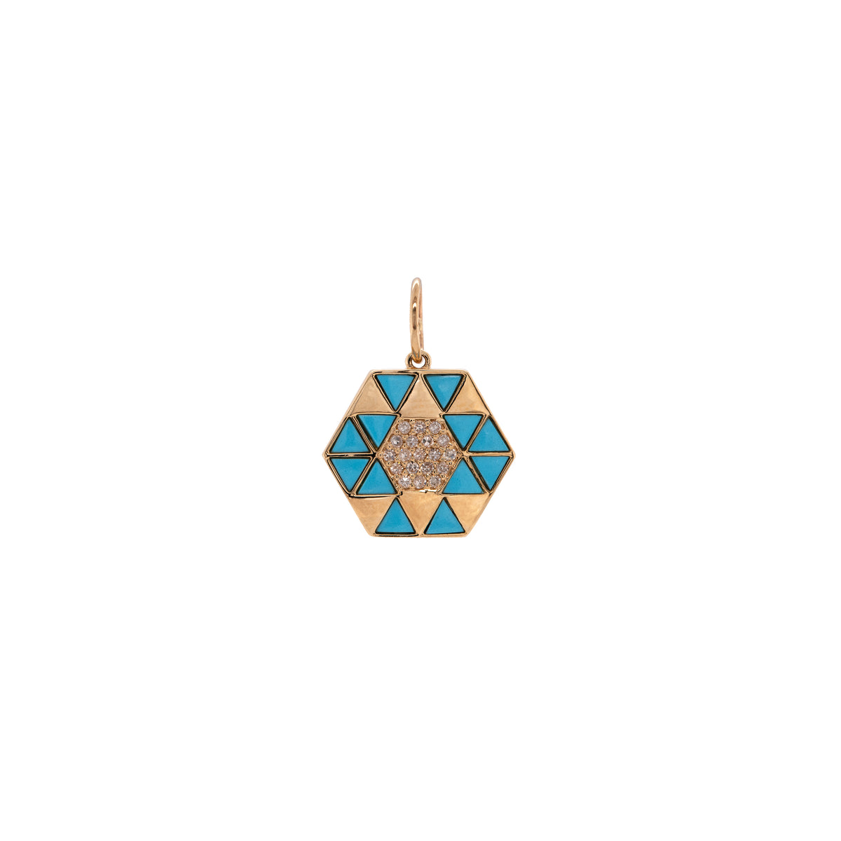 Turquoise Symmetry Pendant: A yellow gold pendant featuring a geometric pattern with Turquoise and diamond accents