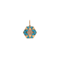 Turquoise Symmetry Pendant: A yellow gold pendant featuring a geometric pattern with Turquoise and diamond accents