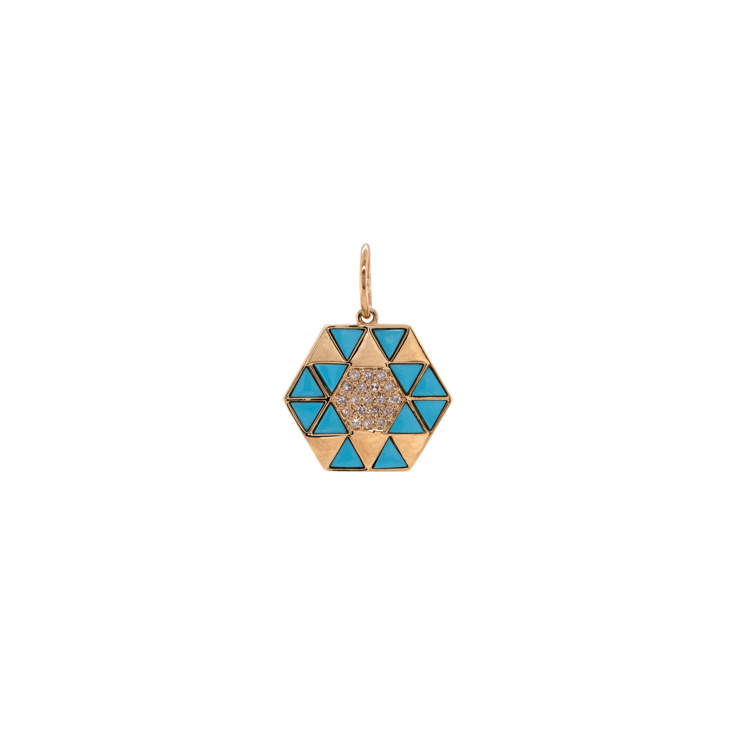 Turquoise Symmetry Pendant: A yellow gold pendant featuring a geometric pattern with Turquoise and diamond accents
