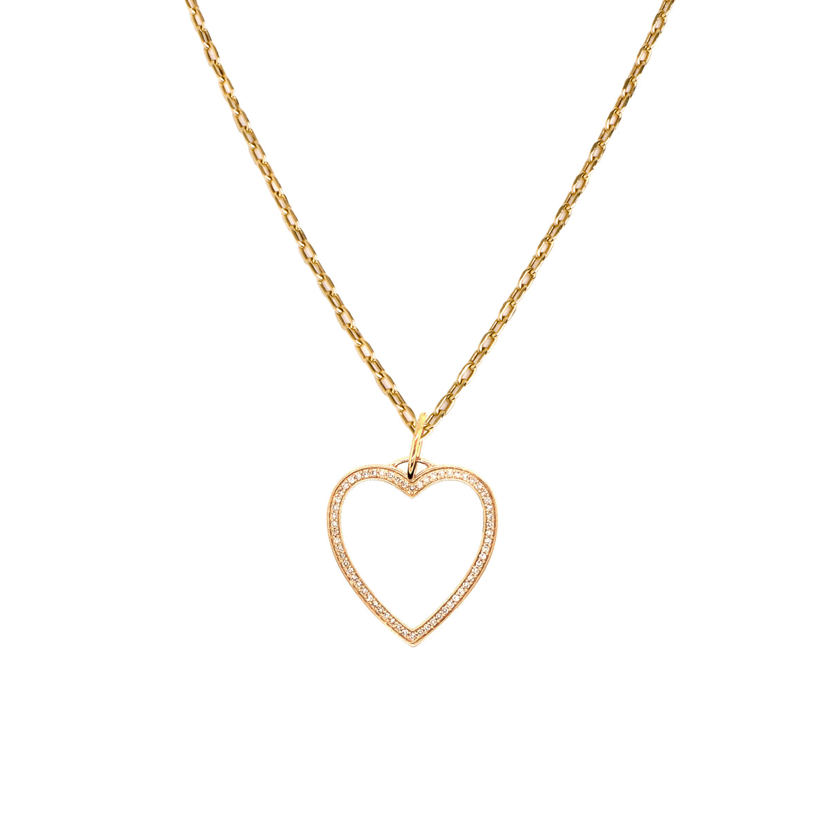 White Enamel Heart Necklace: A 14K yellow gold enamel heart-shaped pendant surrounded by diamonds, attached to a matching yellow gold chain.