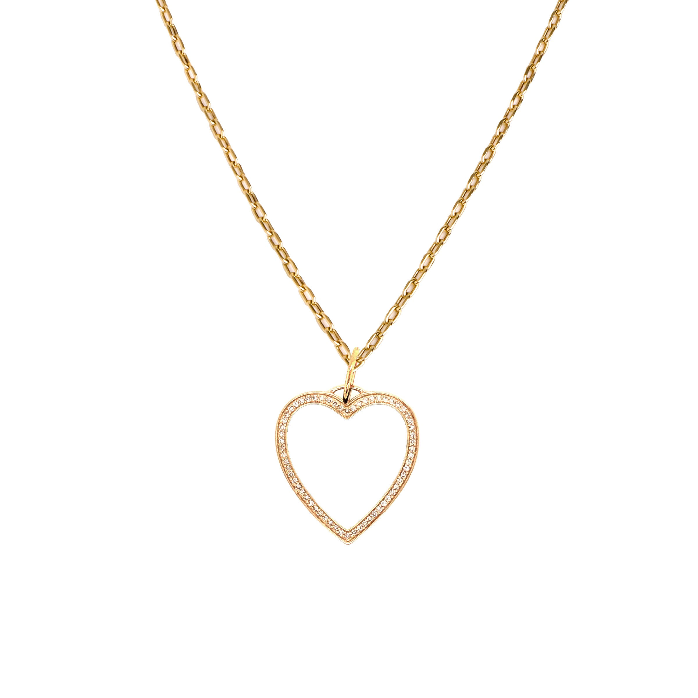 White Enamel Heart Necklace: A 14K yellow gold enamel heart-shaped pendant surrounded by diamonds, attached to a matching yellow gold chain.
