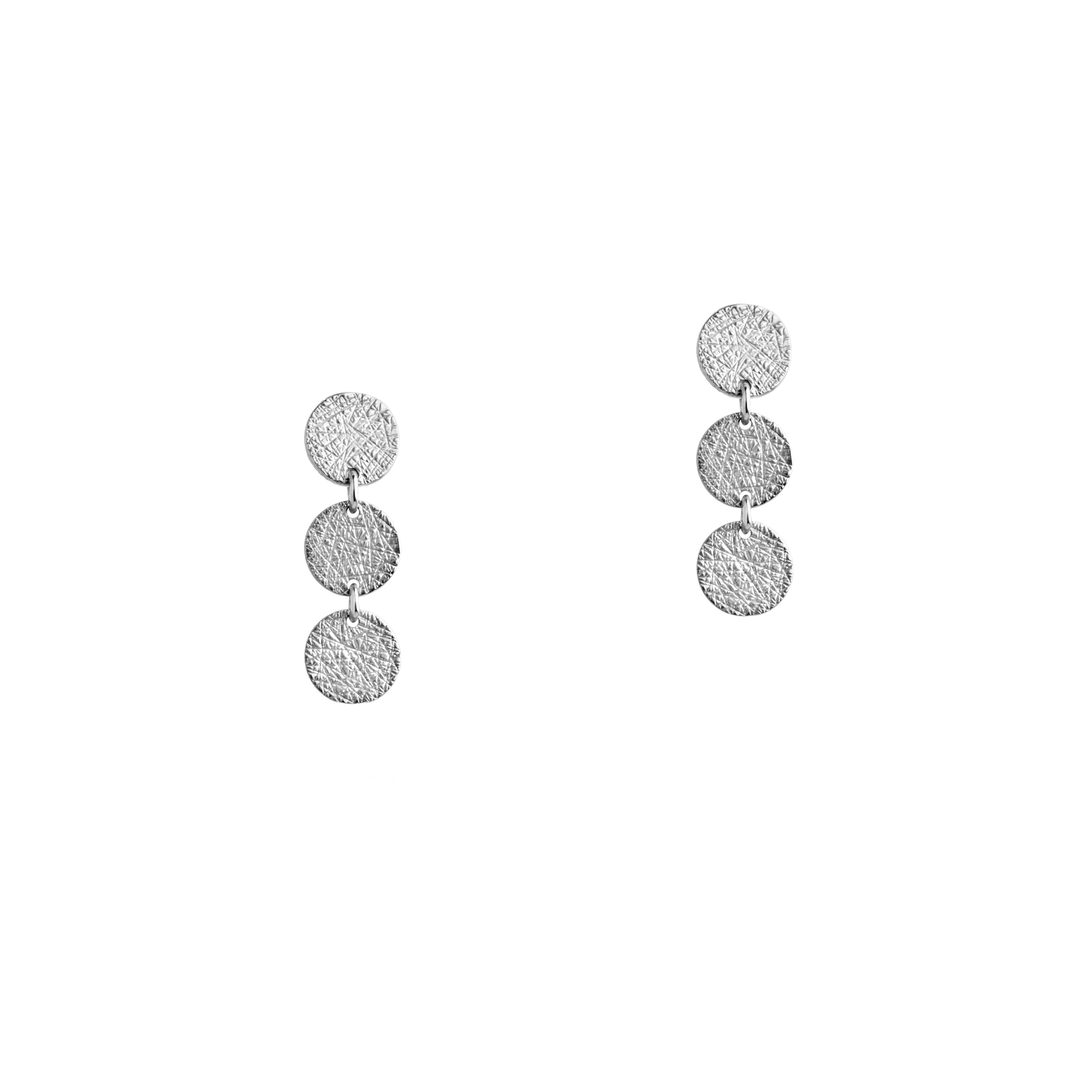 White Gold 3-Dot Earrings: a pair of 14K gold earrings with three textured dots design