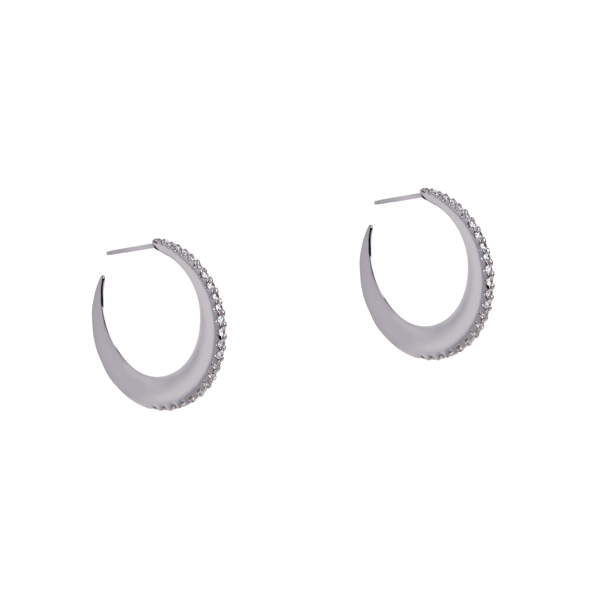 White Gold Baby Diamond Moon Hoops:  a pair of 18K Gold hoop earrings with diamond accents