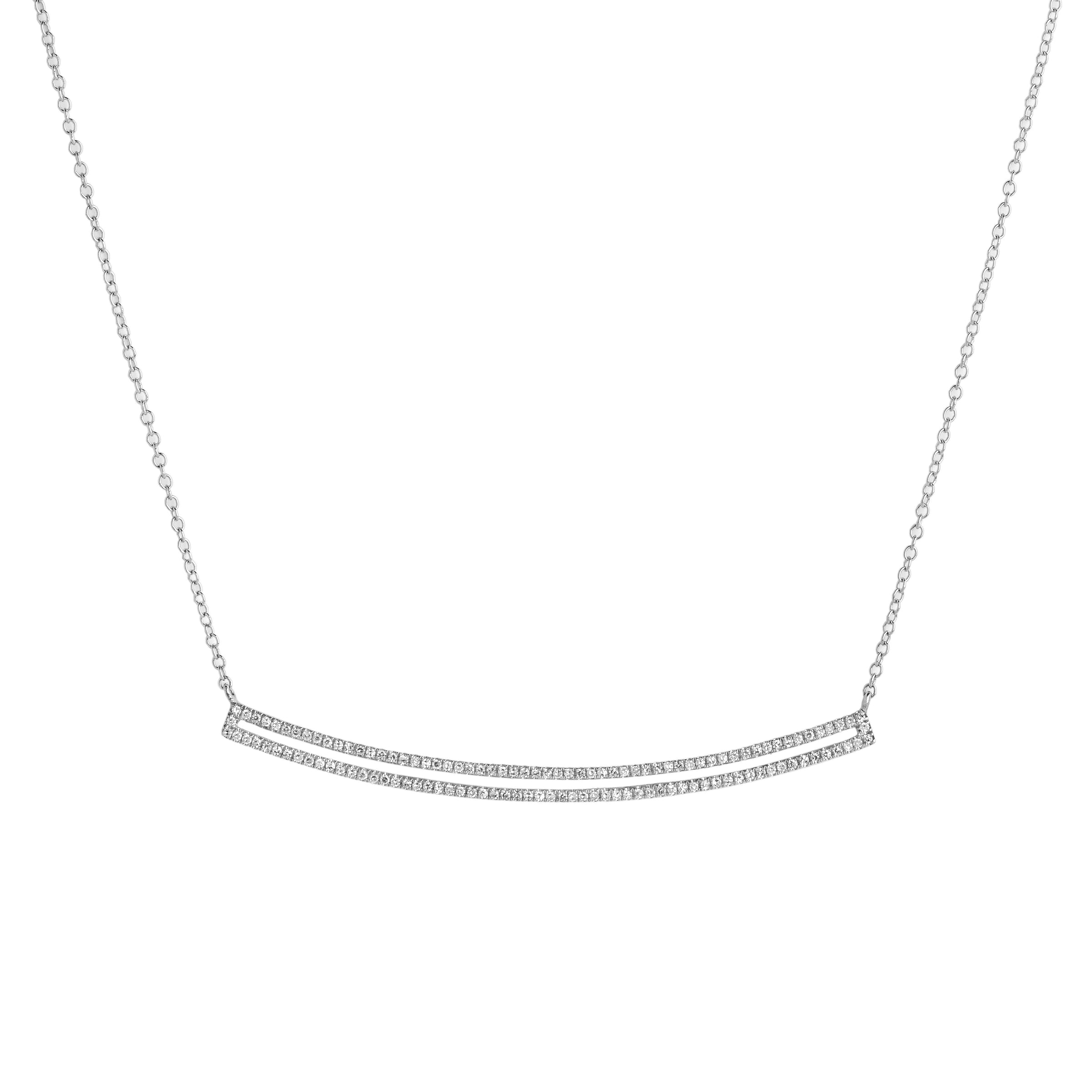 White Gold Curved Open Bar Diamond Necklace: A 14K gold diamond necklace with a lobster clasp fastening, featuring a series of round diamonds along the bar.