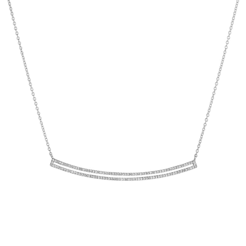 White Gold Curved Open Bar Diamond Necklace: A 14K gold diamond necklace with a lobster clasp fastening, featuring a series of round diamonds along the bar.
