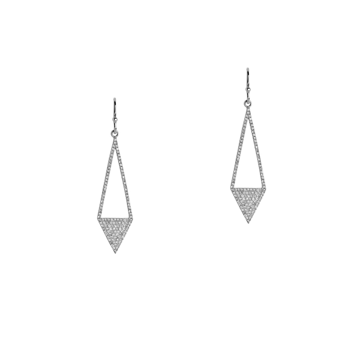 White Gold Diamond Arrow Earrings: a pair of 14K gold diamond earrings in the shape of an upside-down arrow 