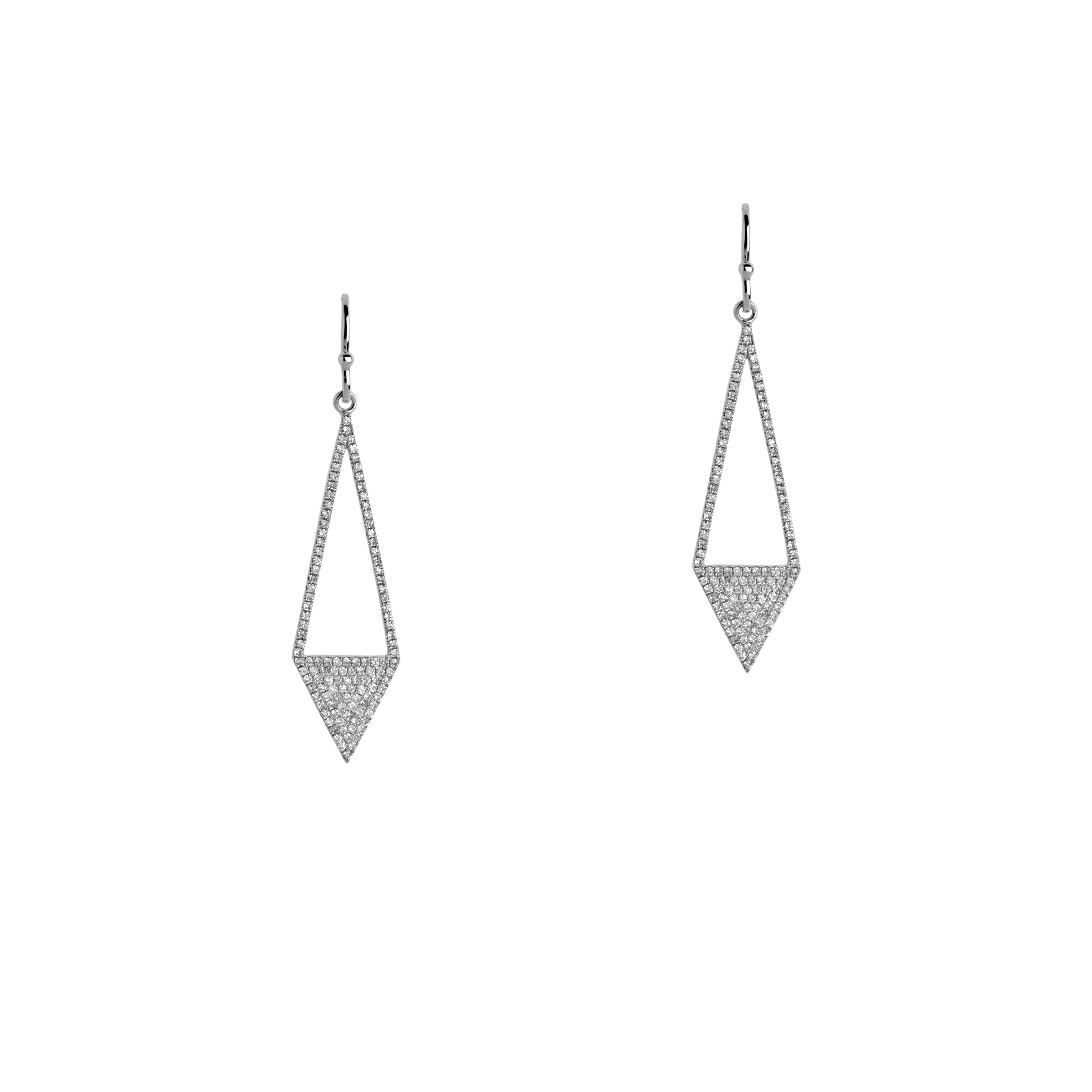White Gold Diamond Arrow Earrings: a pair of 14K gold diamond earrings in the shape of an upside-down arrow 