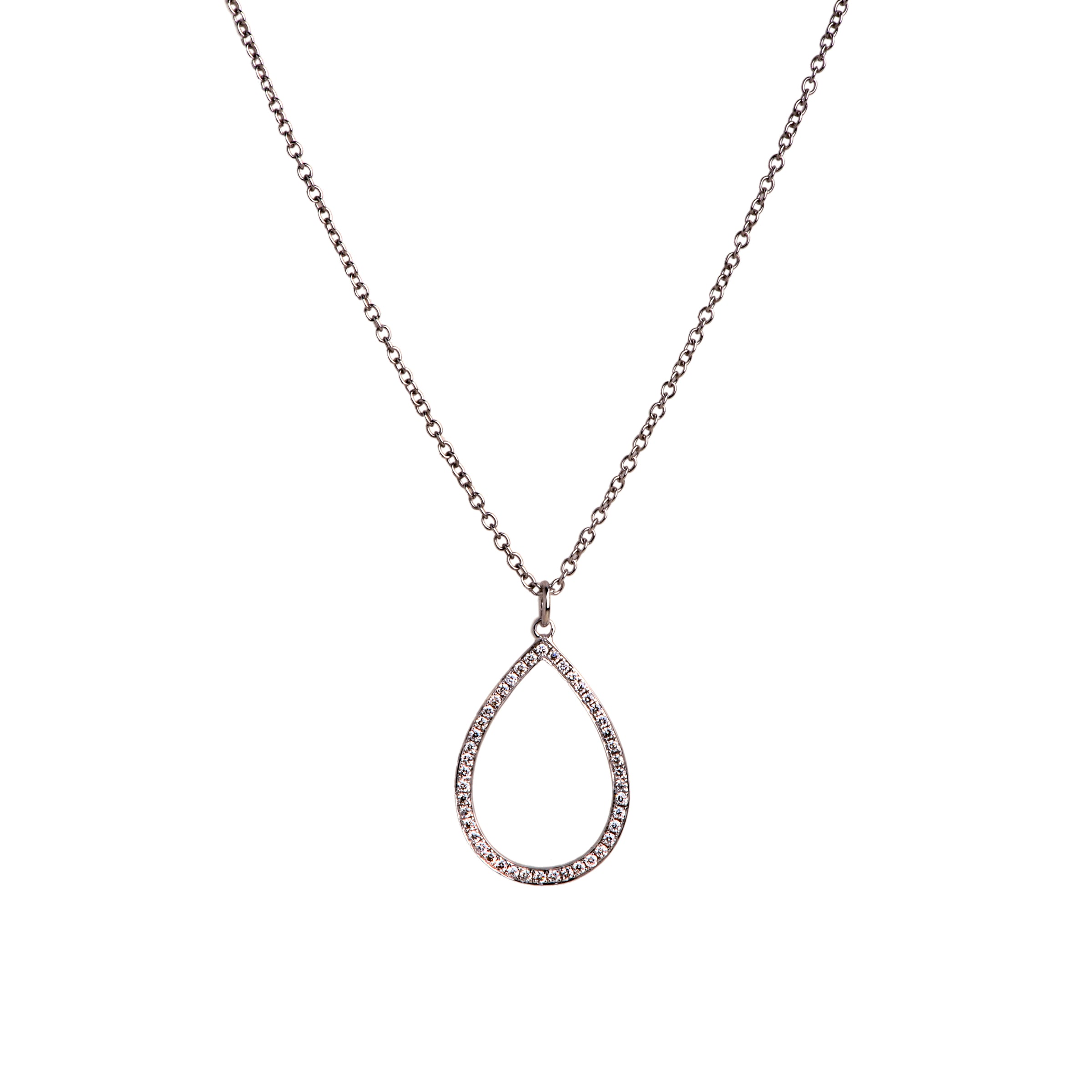 White Gold Diamond Teardrop Necklace: 14K necklace with a diamond-encrusted teardrop pendant