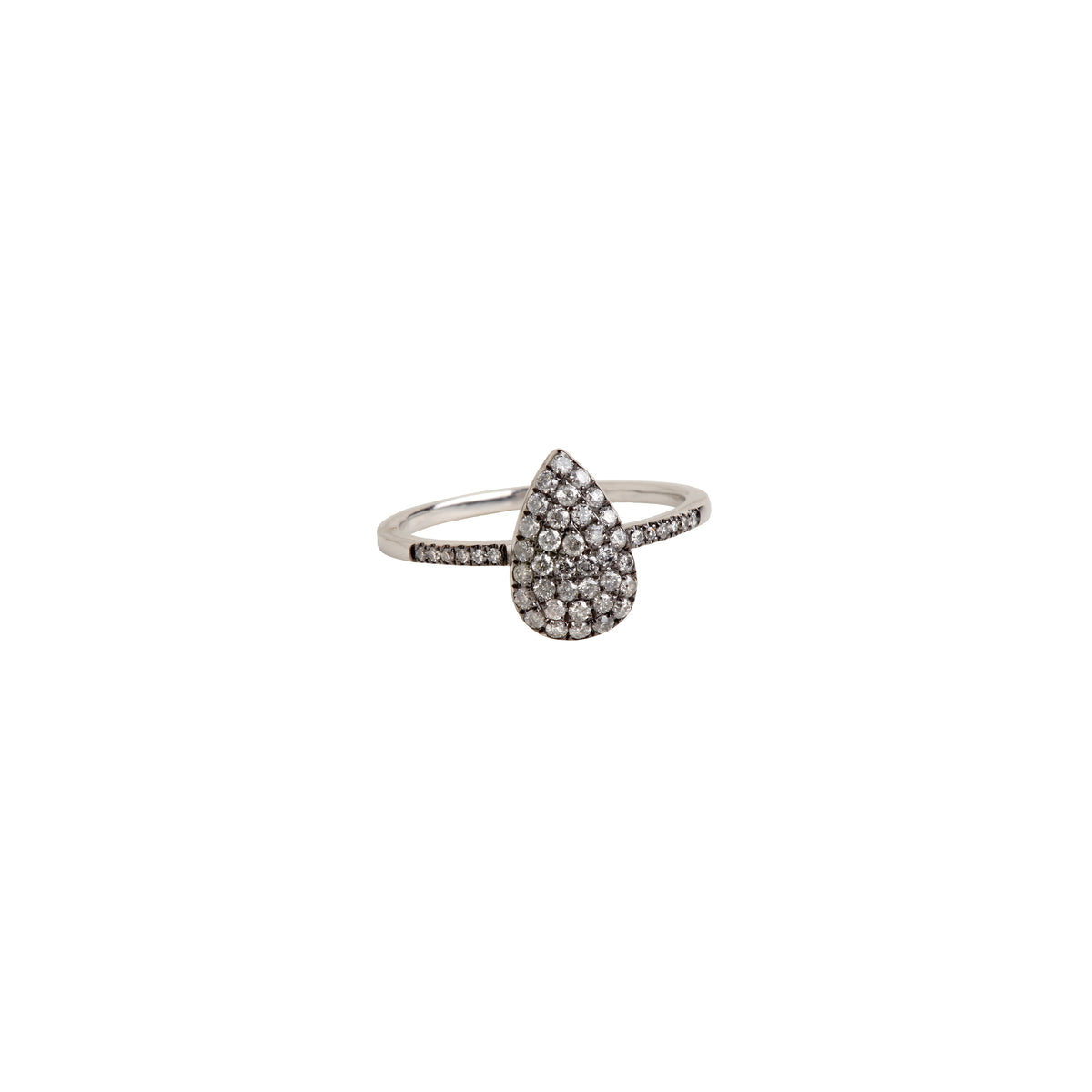 White Gold Diamond Teardrop Ring w/ Gray Diamonds: A 14K gold diamond teardrop ring with gray diamonds on a white background.