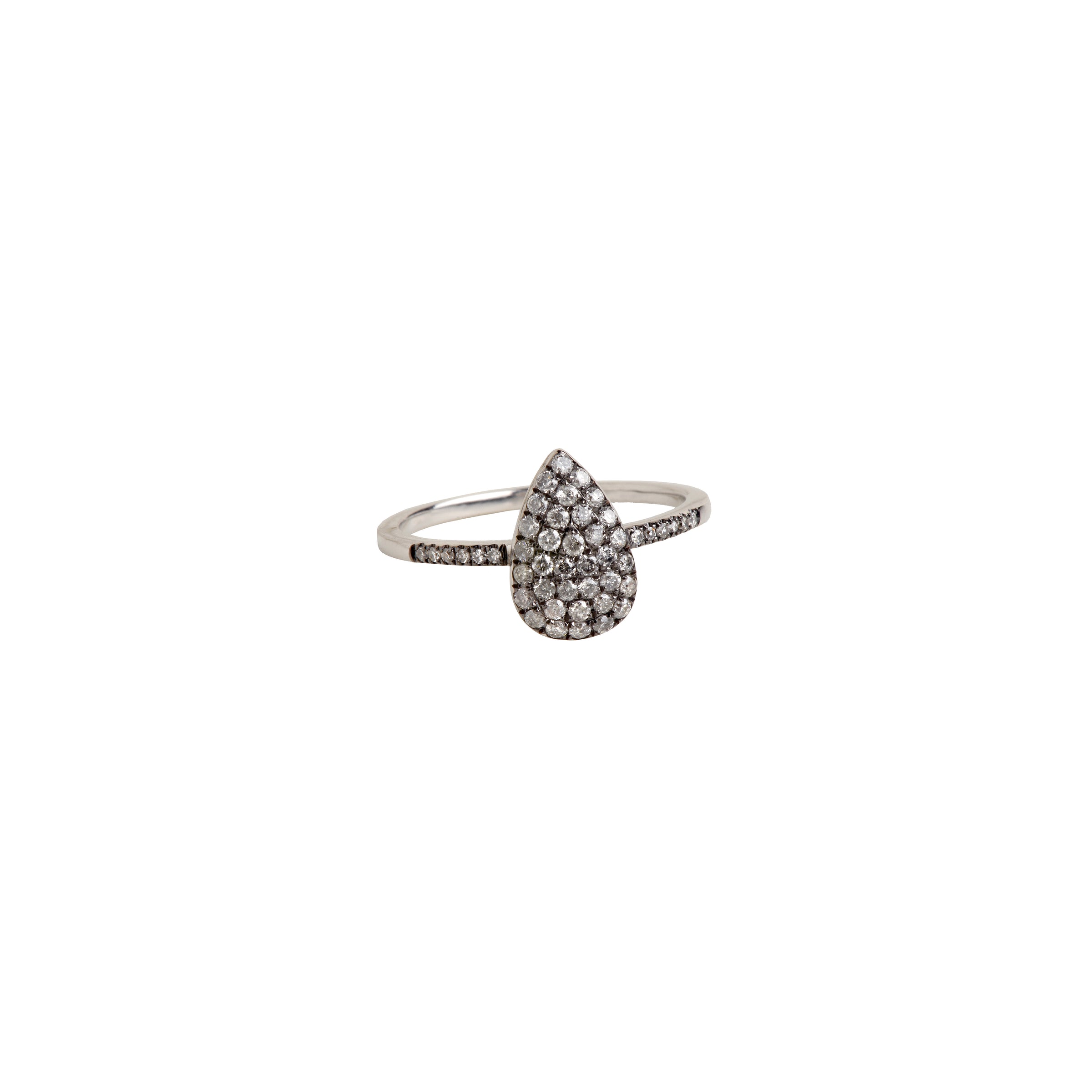 White Gold Diamond Teardrop Ring w/ Gray Diamonds: A 14K gold diamond teardrop ring with gray diamonds on a white background.