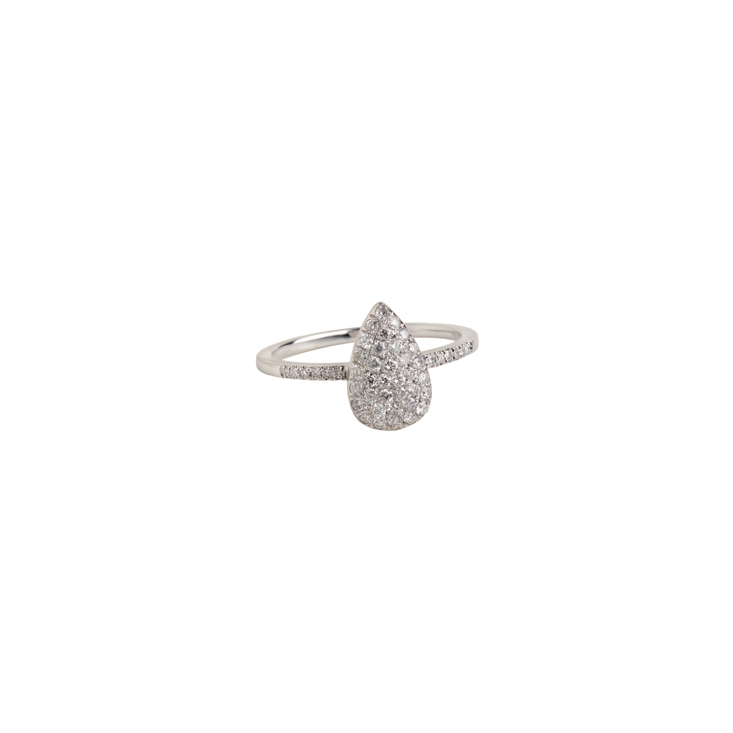 White Gold Diamond Teardrop Ring w/ White Diamonds: A 14K gold diamond teardrop ring with white diamonds on a white background.