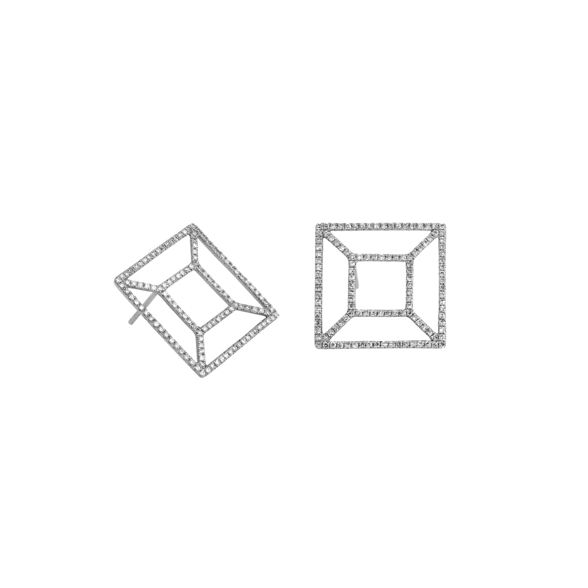 White Gold Diamond Windowpane Studs: A pair of 14K gold stud earrings with a windowpane-like design.