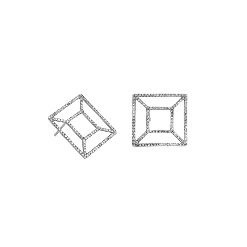 White Gold Diamond Windowpane Studs: A pair of 14K gold stud earrings with a windowpane-like design.