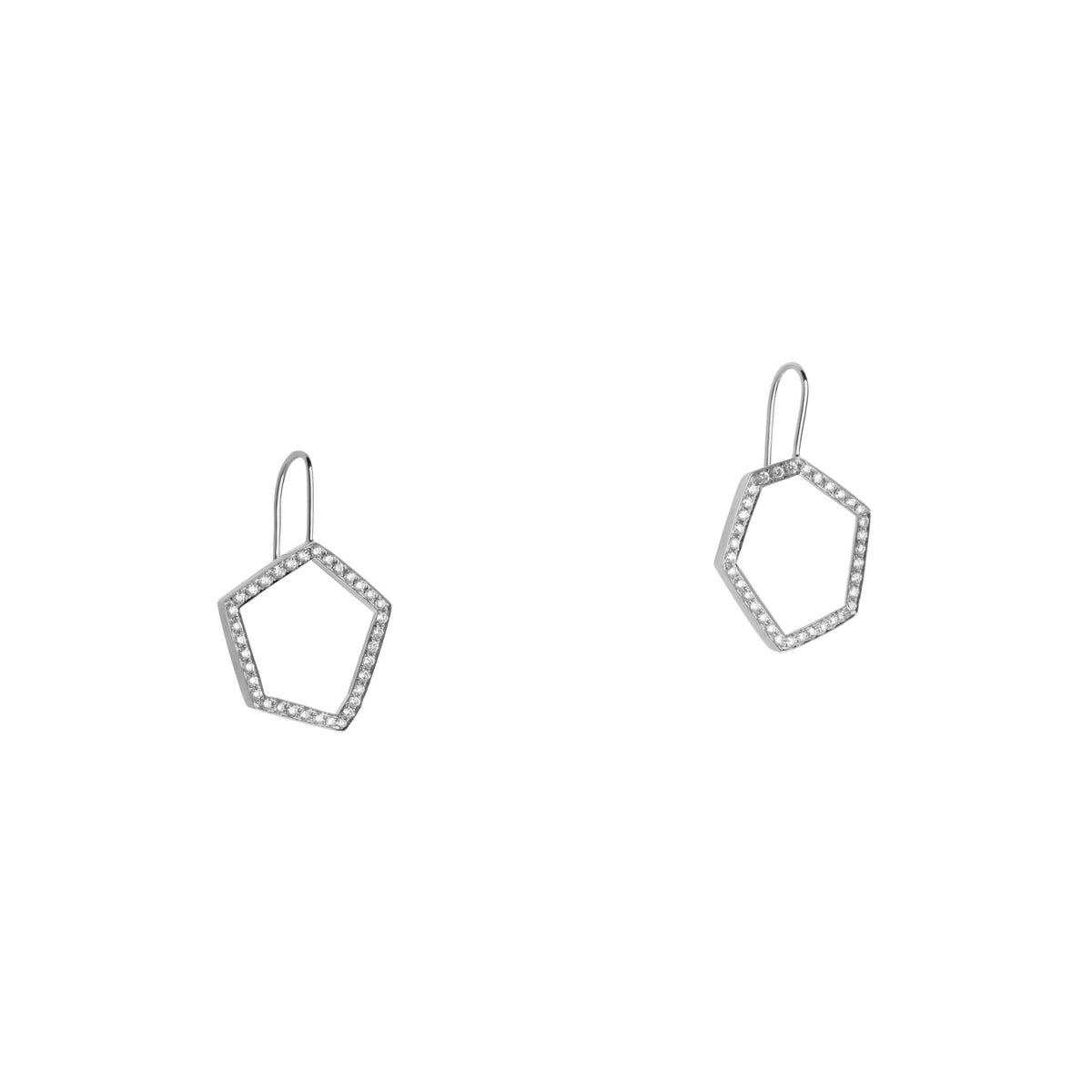 White Gold Hexagon Diamond Drop Earrings: a pair of 14K gold diamond drop earrings in the shape of a hexagon 