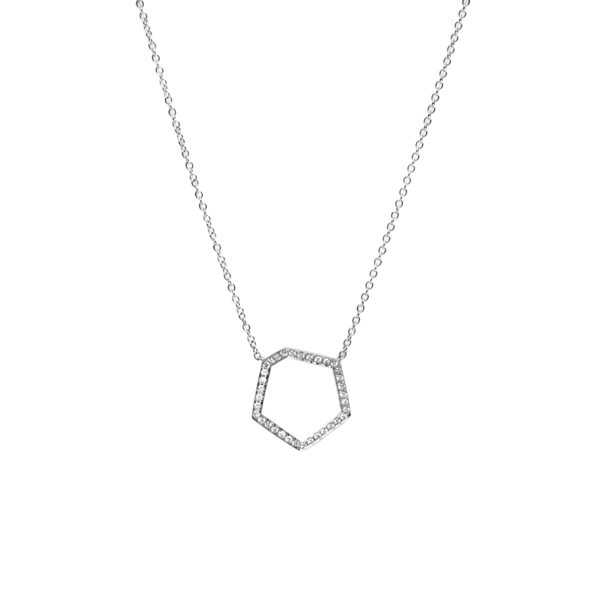 White Gold Hexagon Diamond Necklace: 14K gold necklace with a hexagon-shaped pendant 