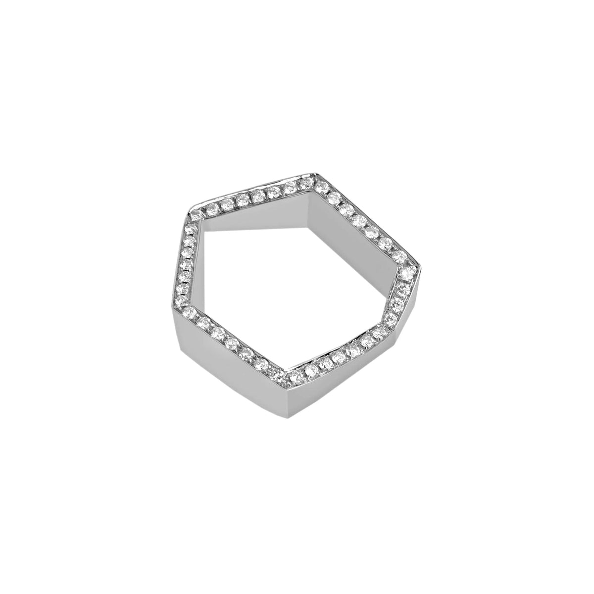White Gold Hexagon Diamond Ring: A 14K gold hexagonal ring with diamonds set in it.